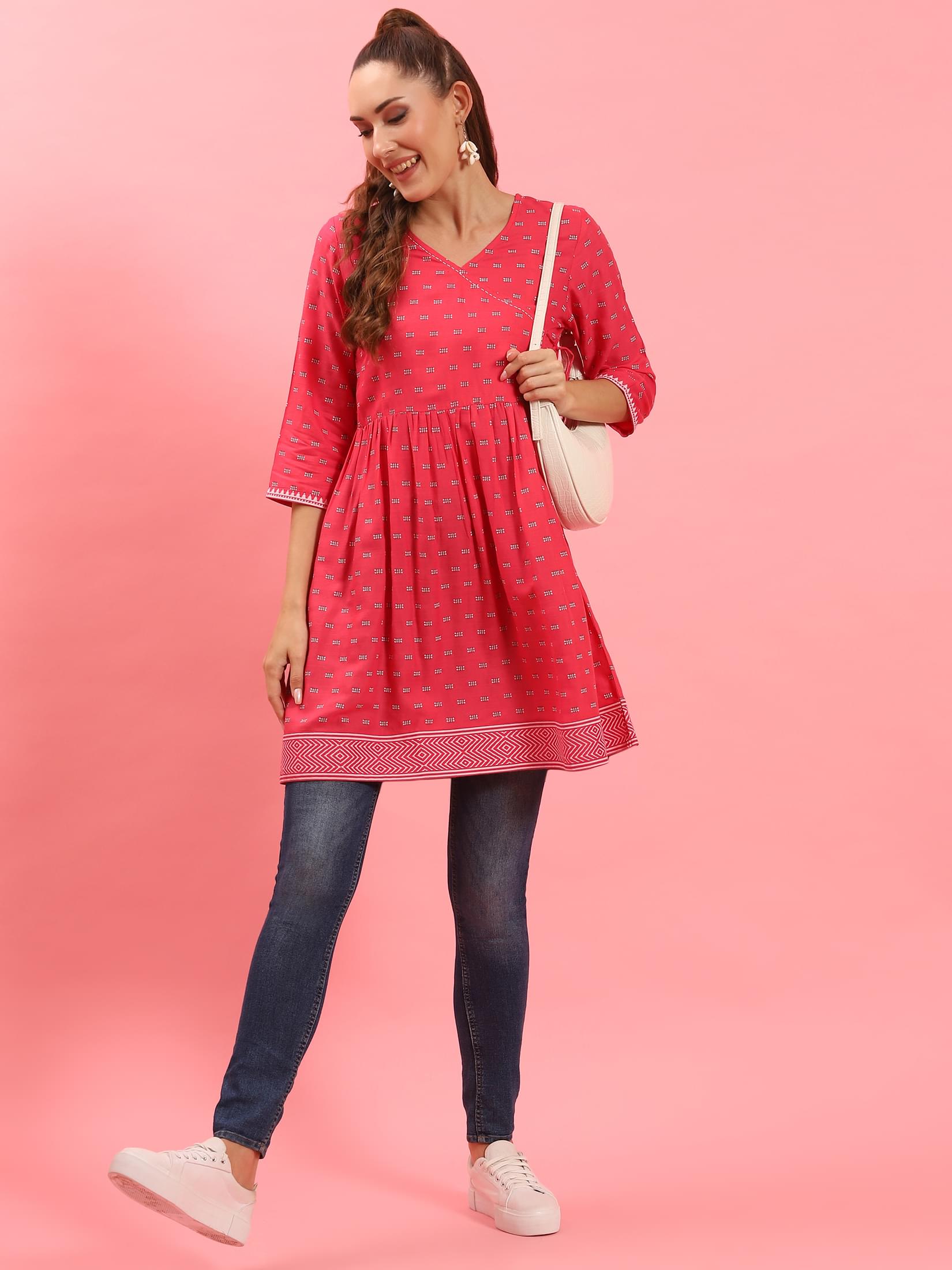 Women Fuchsia Fit And Flare Printed Tunic.