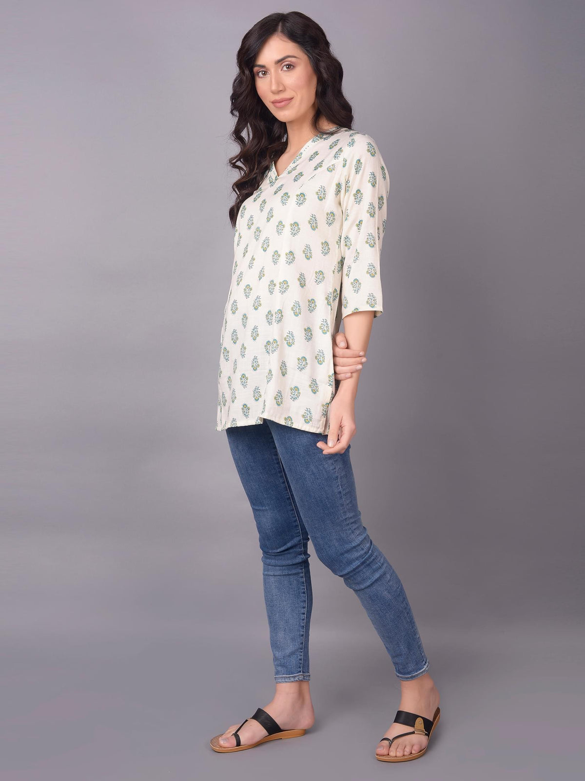 Women Off White Straight Printed Tunic.