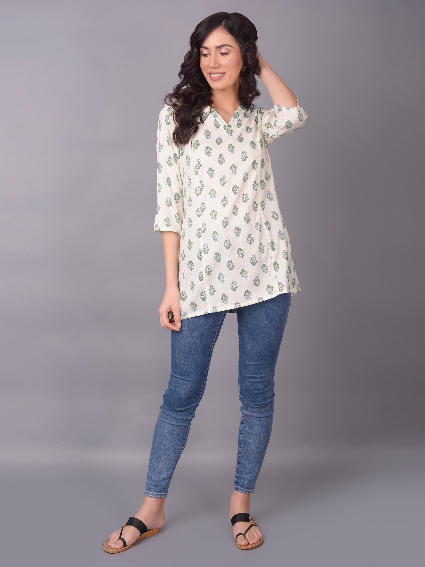 Women Off White Straight Printed Tunic.