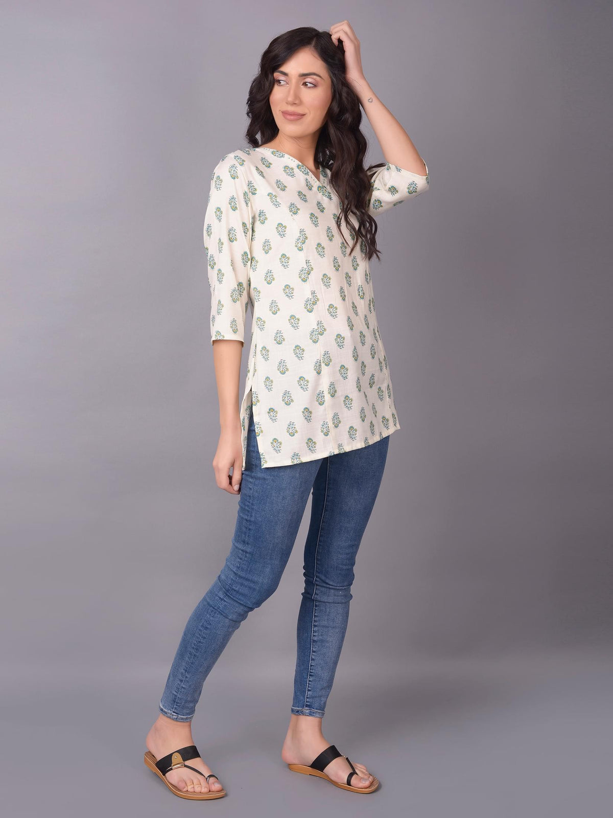 Women Off White Straight Printed Tunic.
