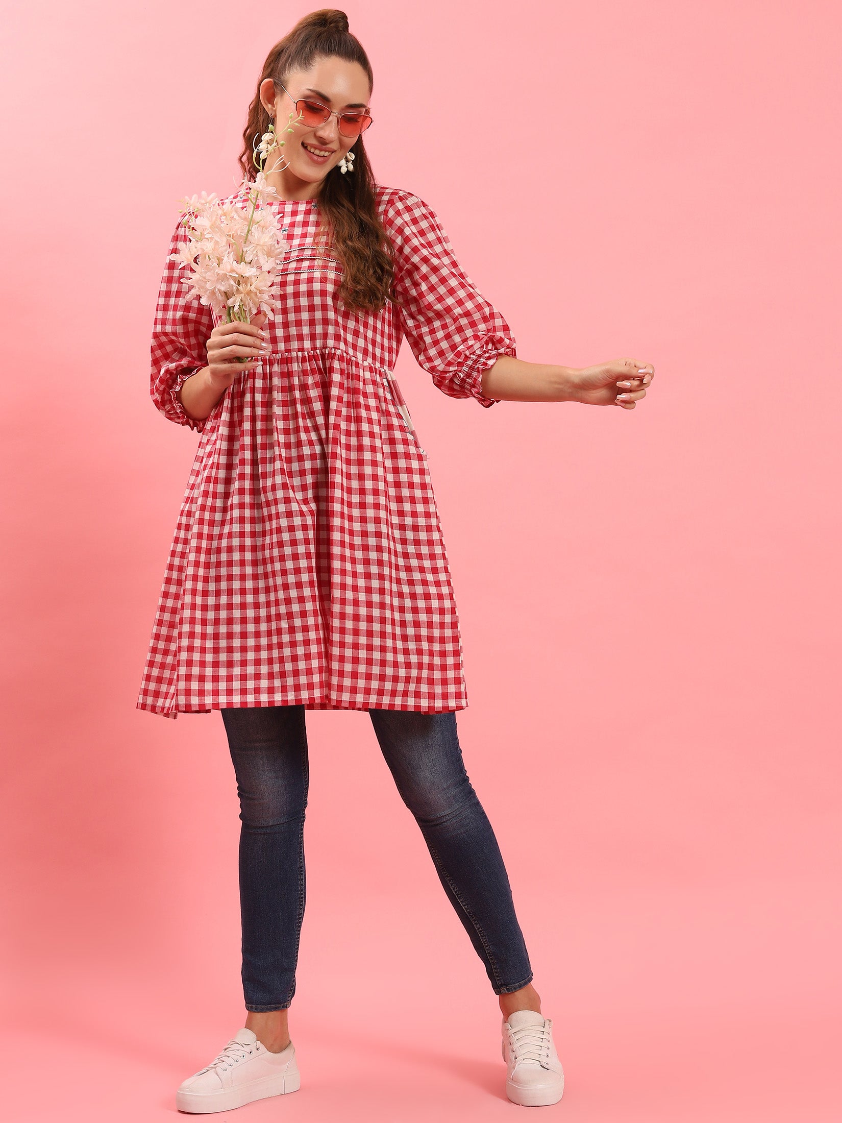 Check Shirt Dress Ladies Red Check Dress KALON WOMEN 850/- Cotton Check  Dress With Leather