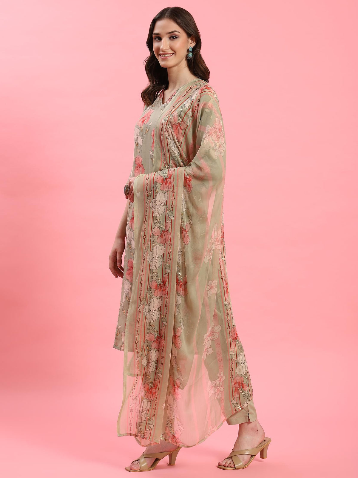 Women Green V-Neck Kurta Trouser Dupatta.