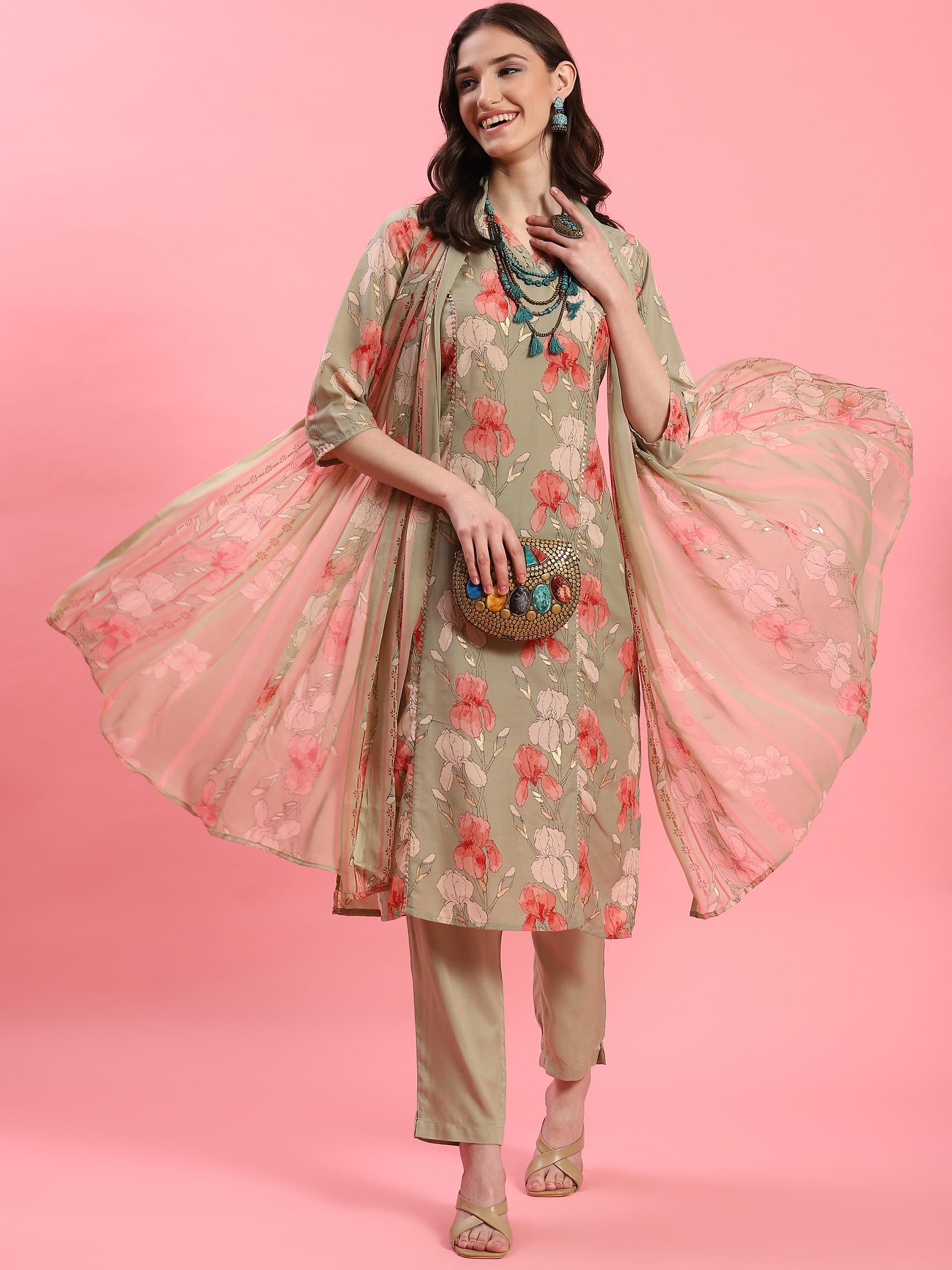 Women Green V-Neck Kurta Trouser Dupatta.