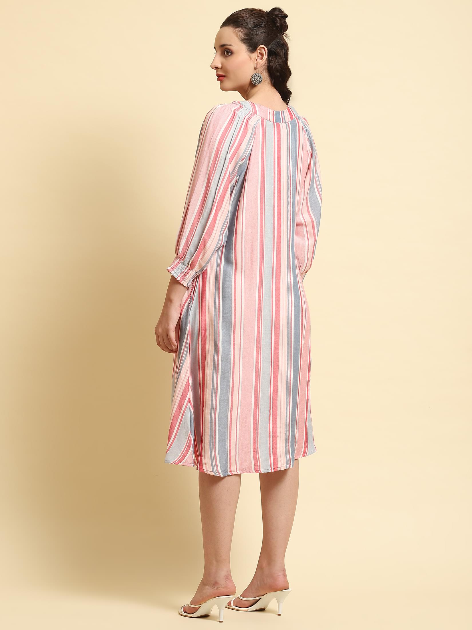 Women Multicolor Stripe Printed Short Dress.