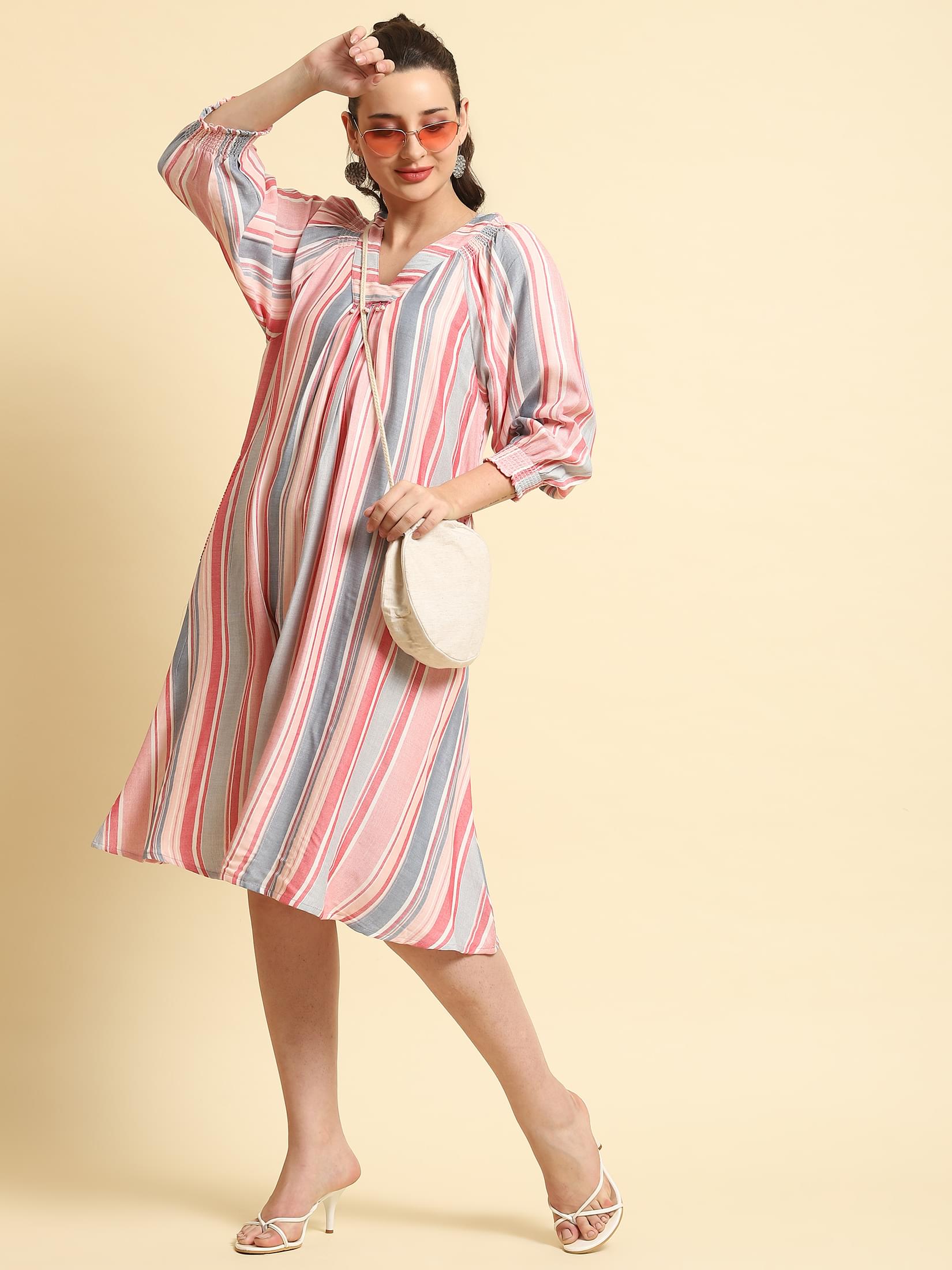Women Multicolor Stripe Printed Short Dress.