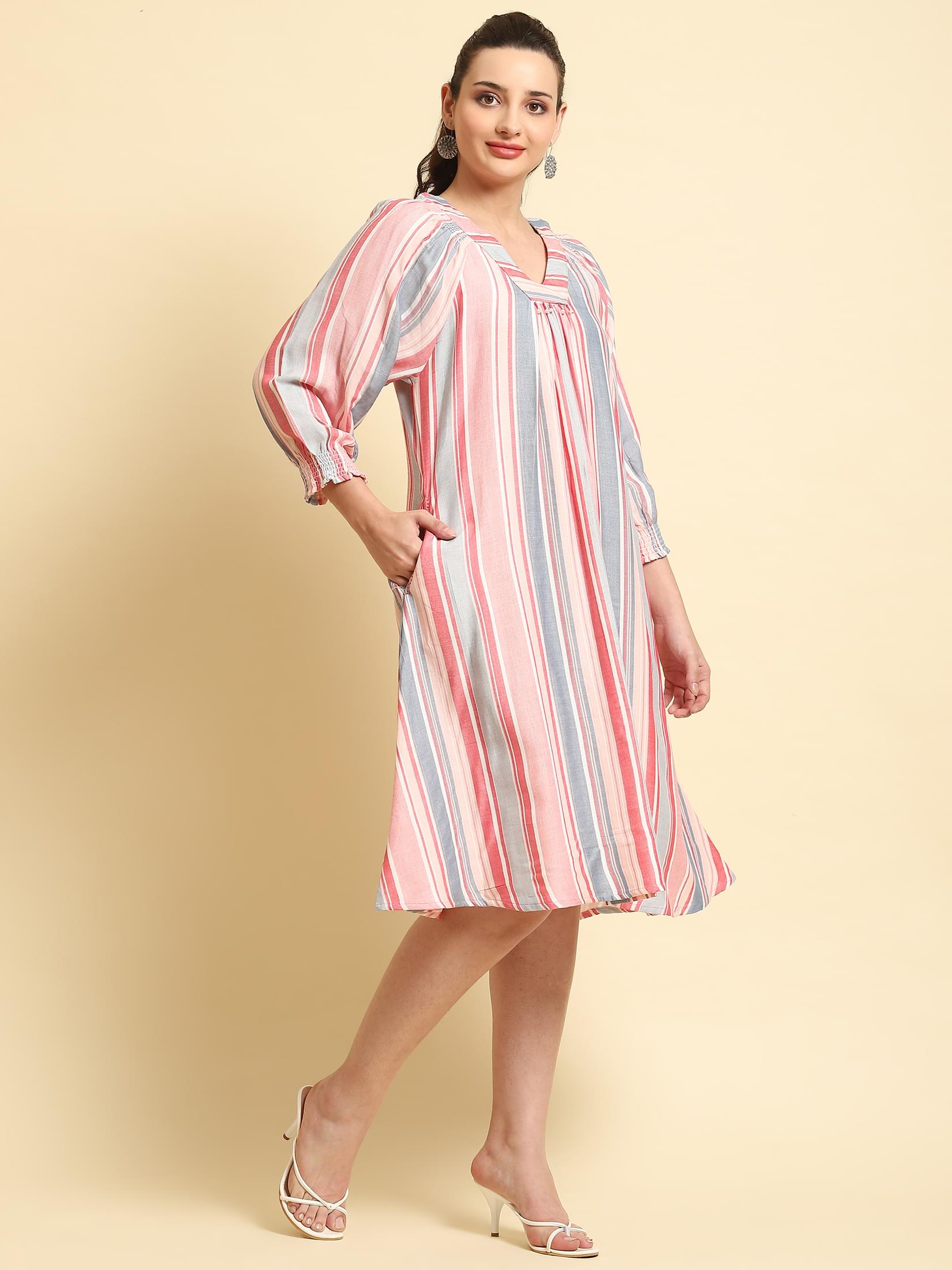 Women Multicolor Stripe Printed Short Dress.