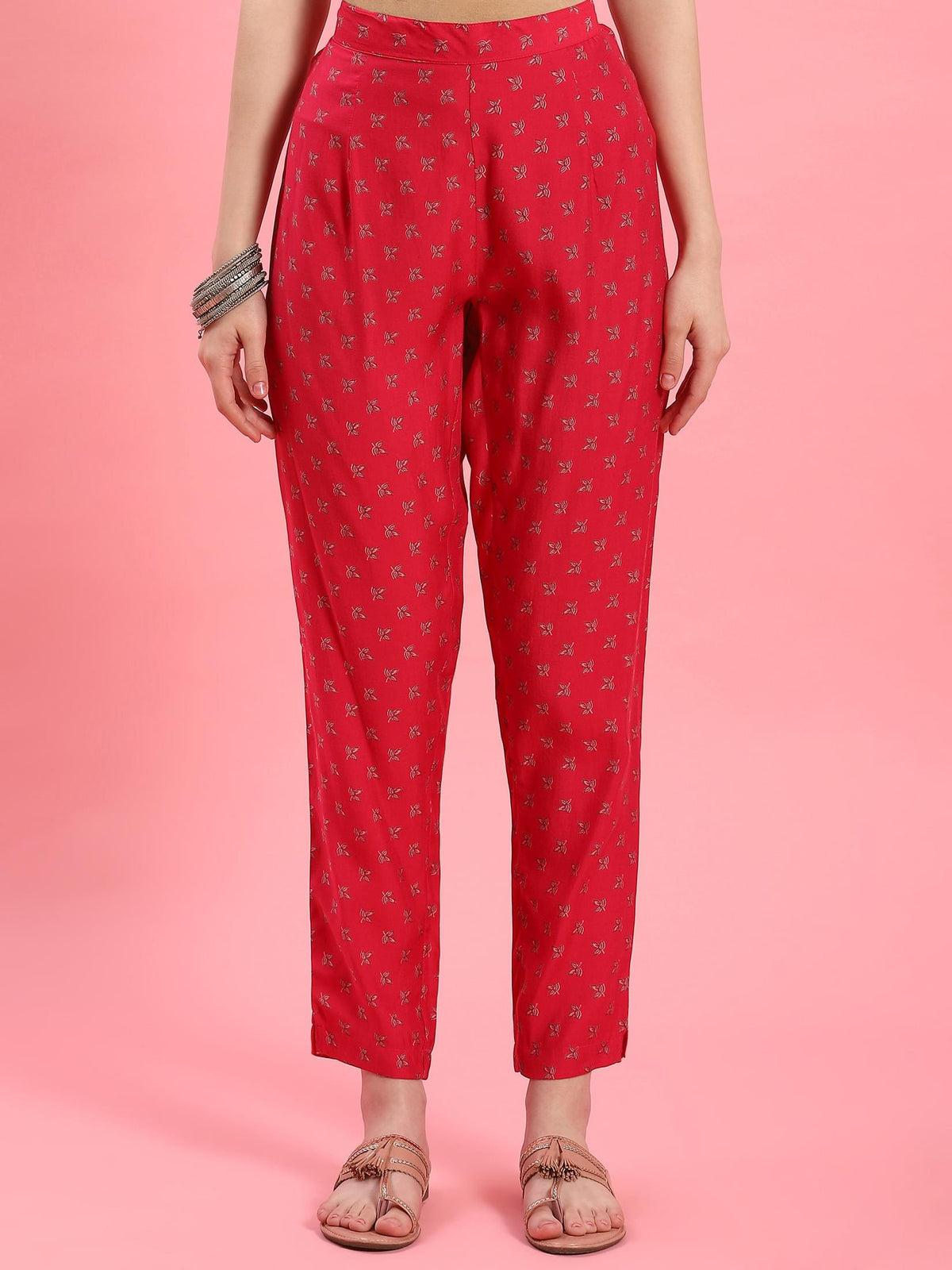 Women Fuchsia Geometric Printed Kurta Trouser Dupatta.