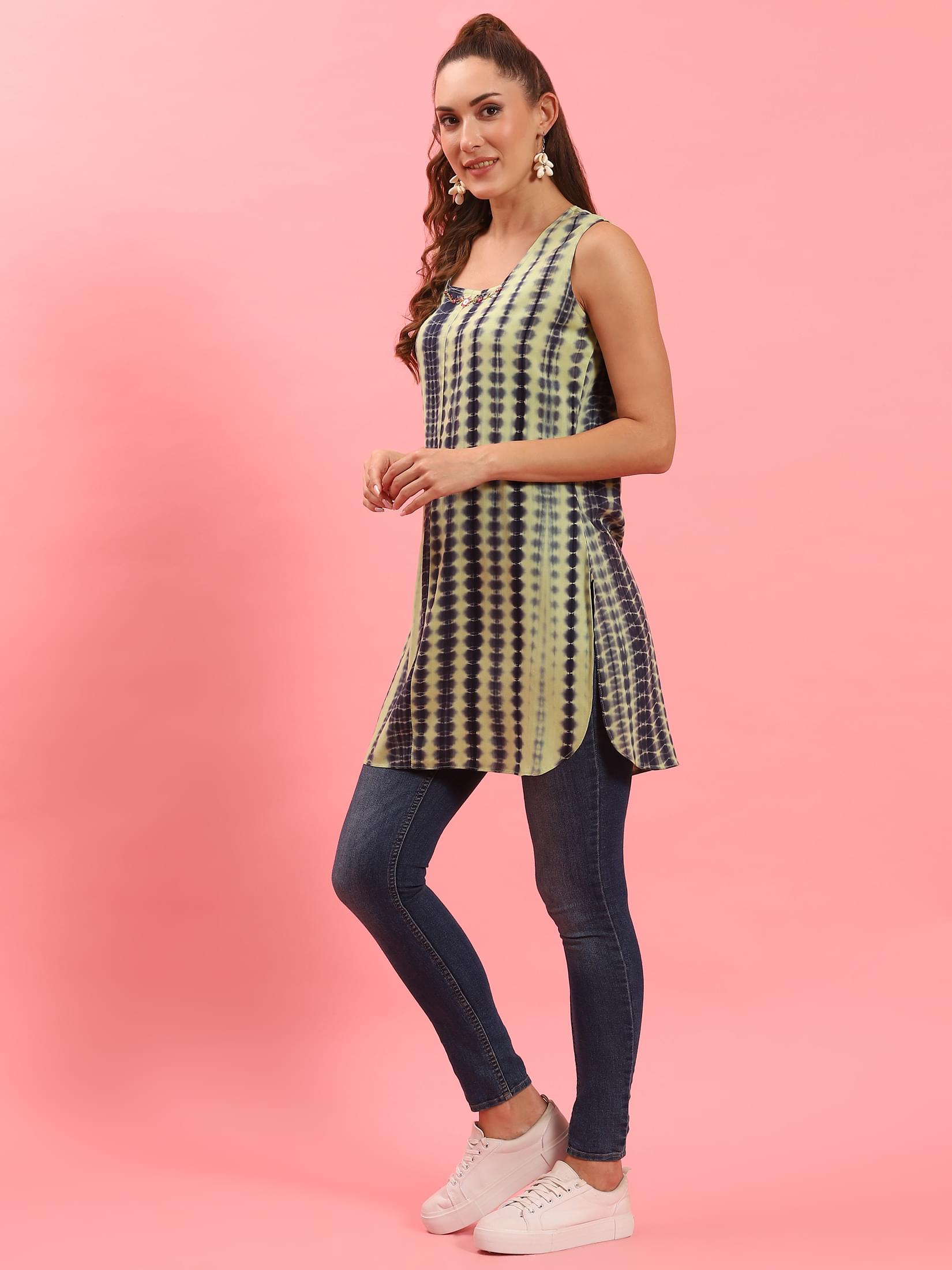 Green Tie Dye Printed Kurti.