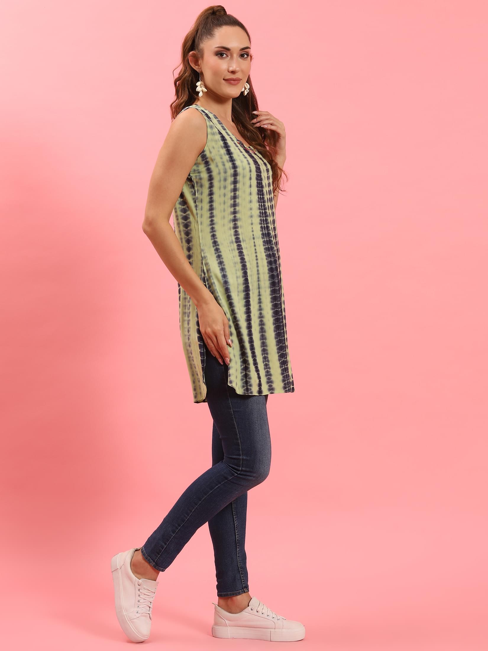 Green Tie Dye Printed Kurti.