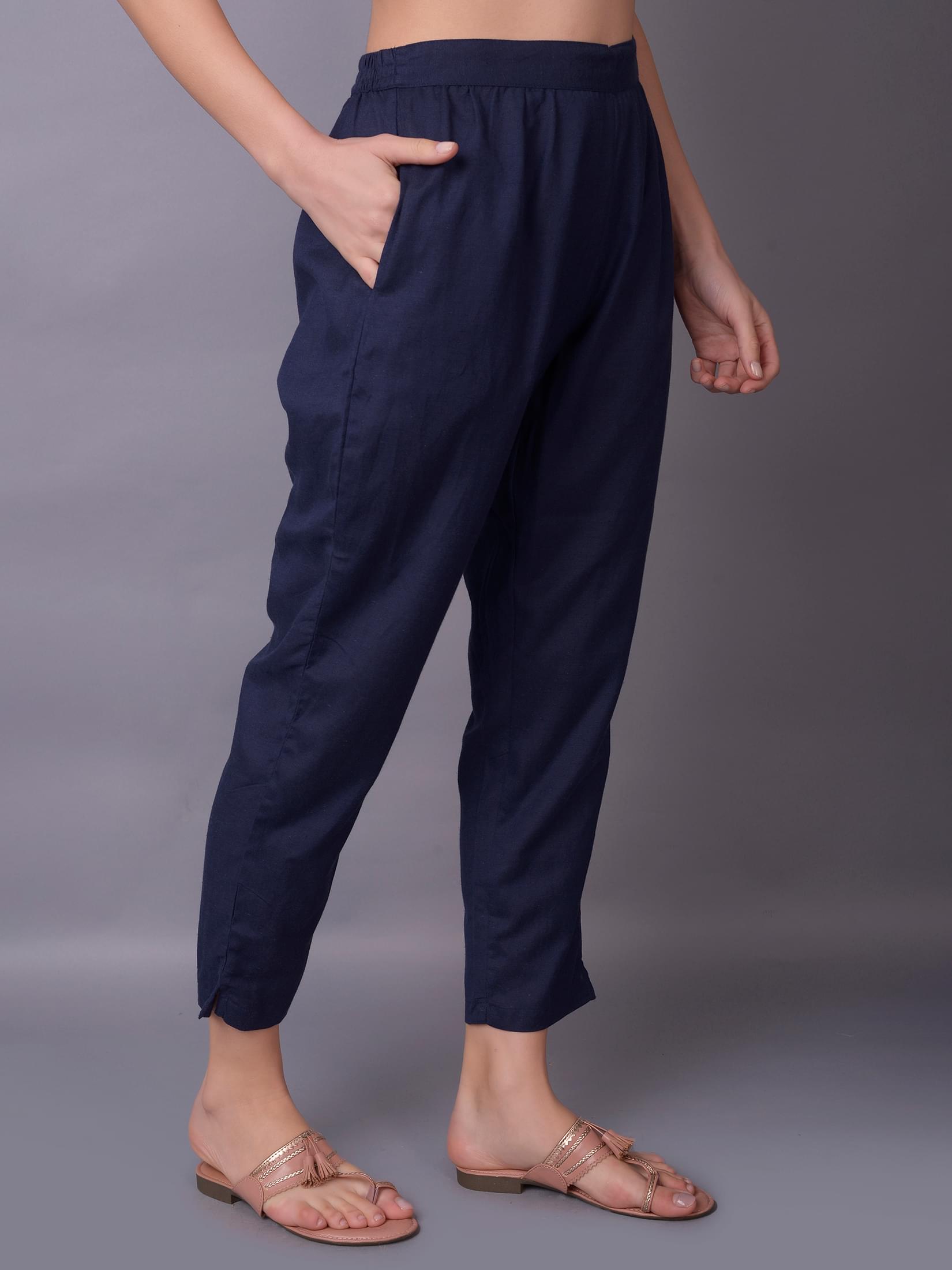 Solid Liva Rayon Navy Blue Trouser.