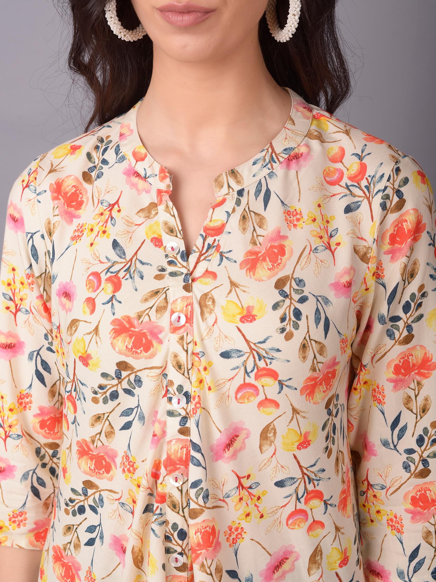 Women Off White Mandarin Collar Tunic.
