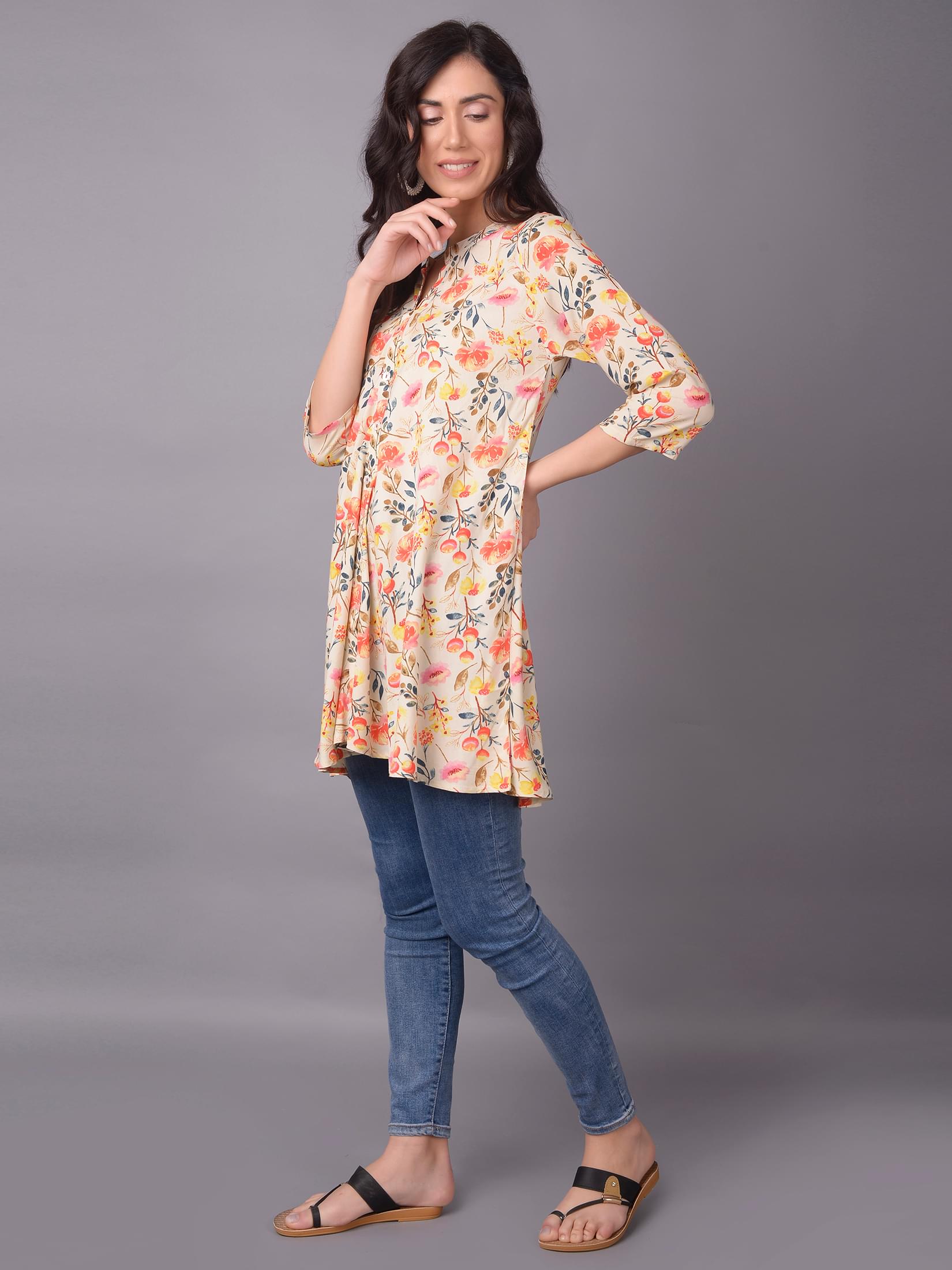 Women Off White Mandarin Collar Tunic.