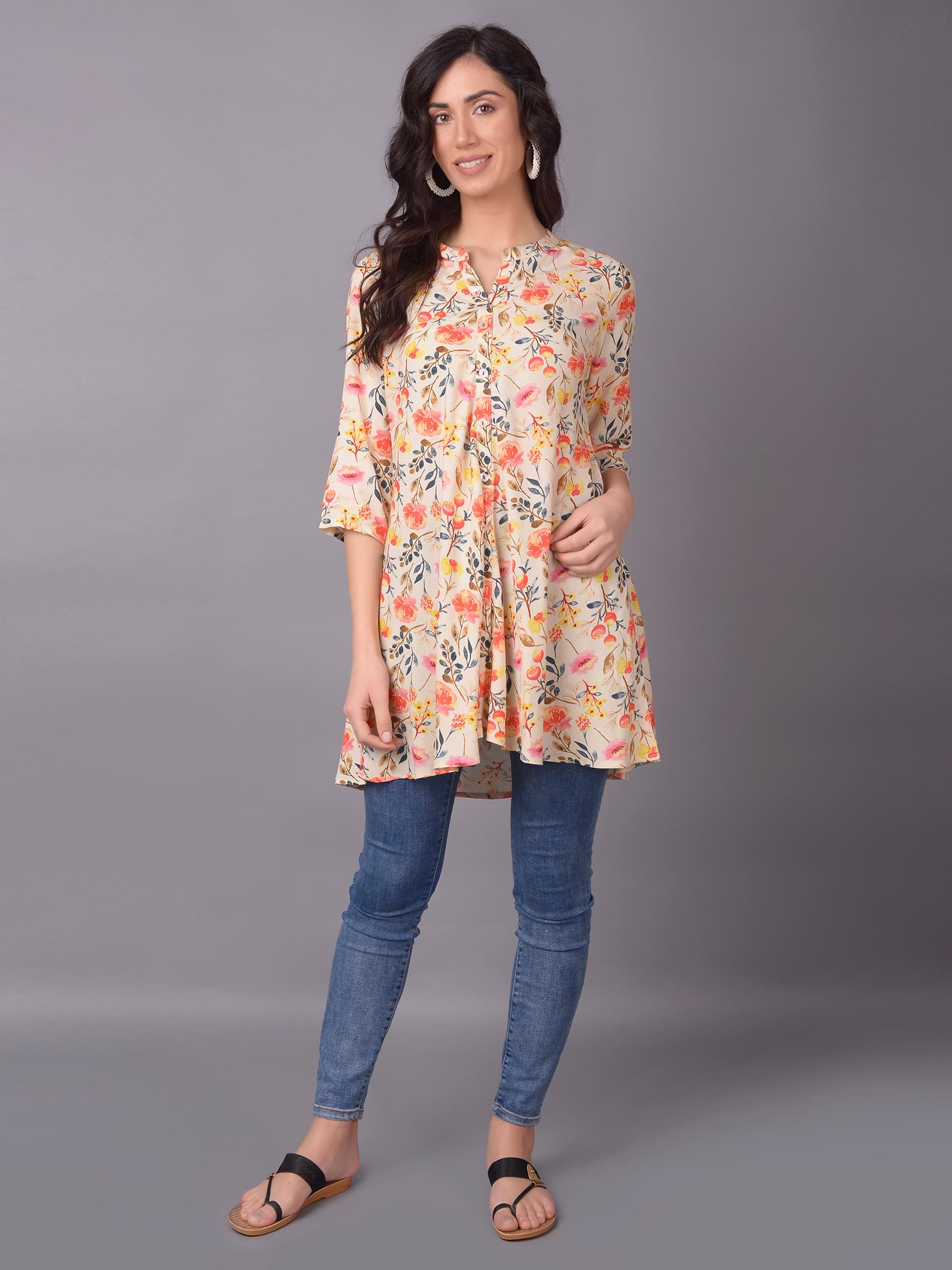 Women Off White Mandarin Collar Tunic.