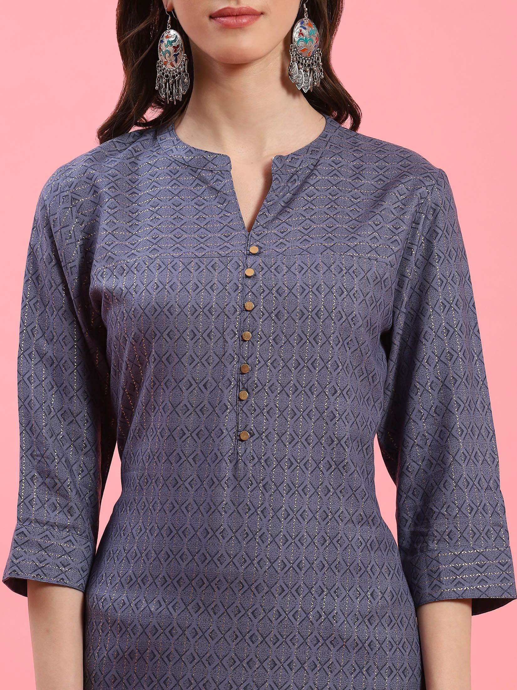 Women Blue Mandarin Collar Kurta.