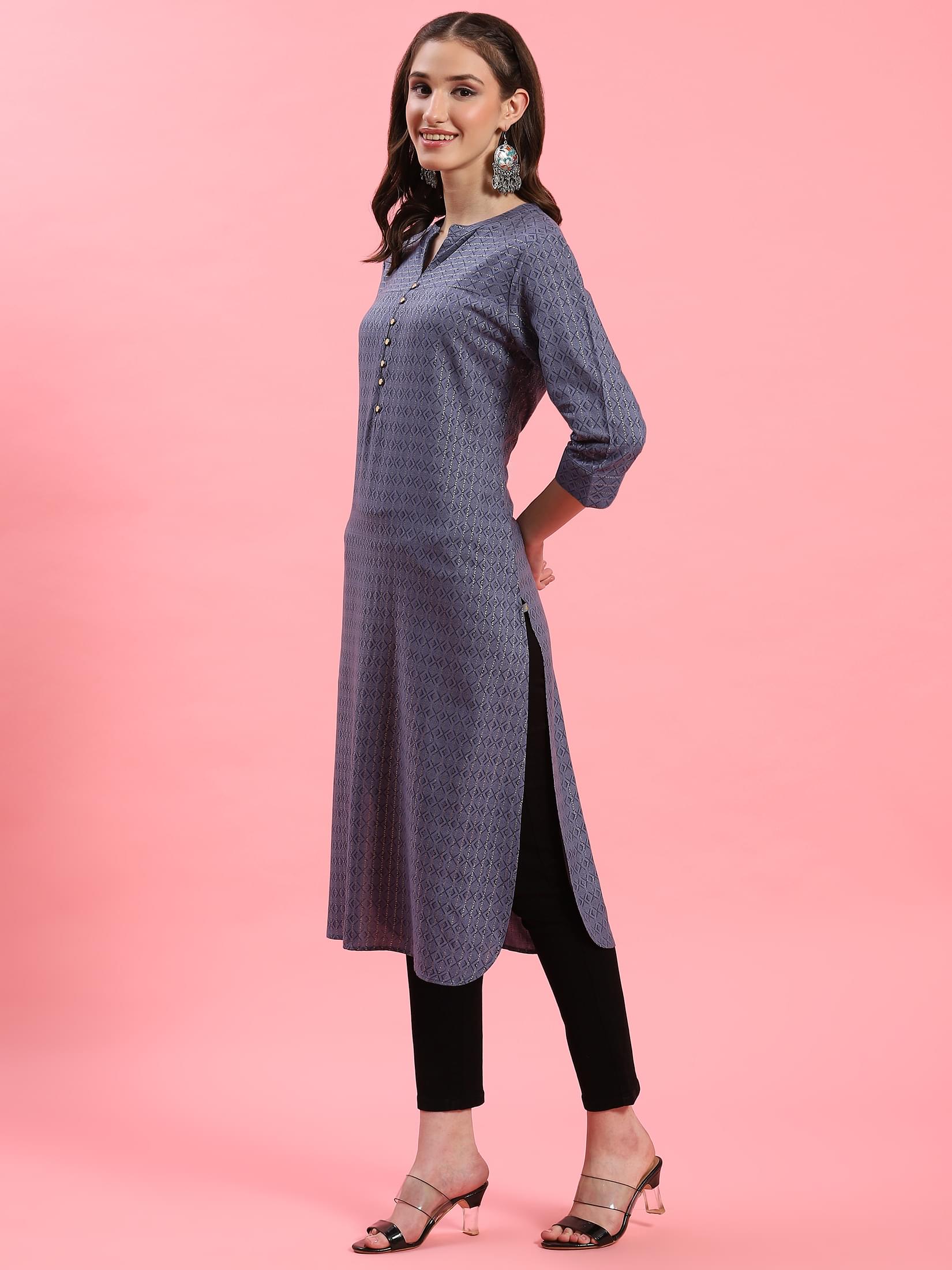 Women Blue Mandarin Collar Kurta.