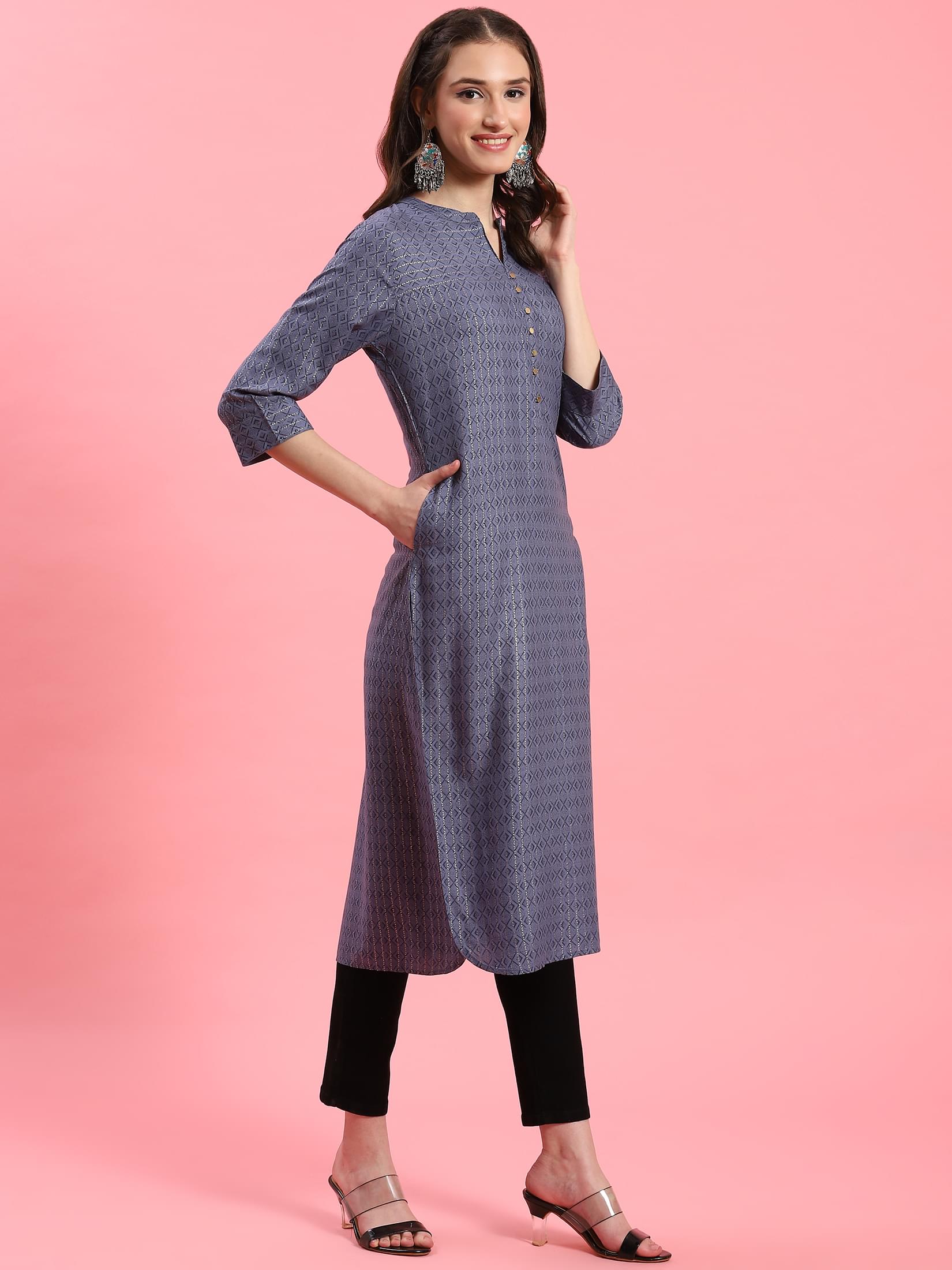Women Blue Mandarin Collar Kurta.