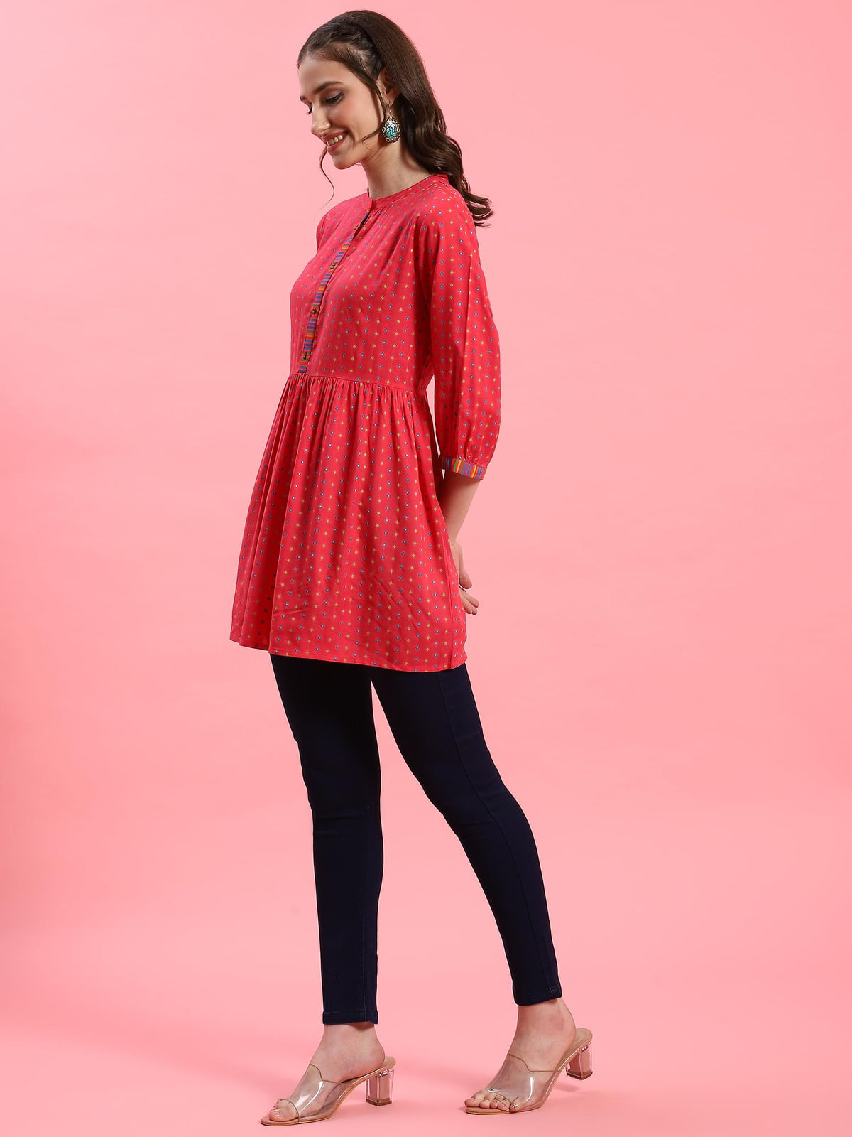 Women Fuchsia Geometric Printed Tunic.