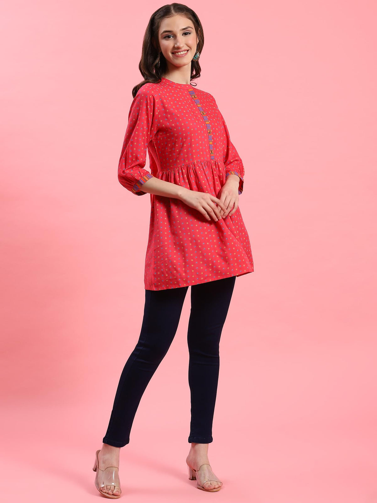 Women Fuchsia Geometric Printed Tunic.