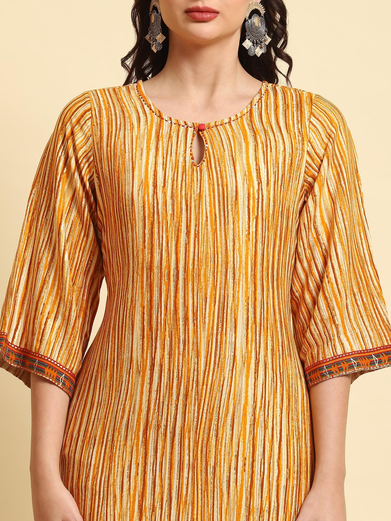 Women Yellow Stripe Printed Kurta.