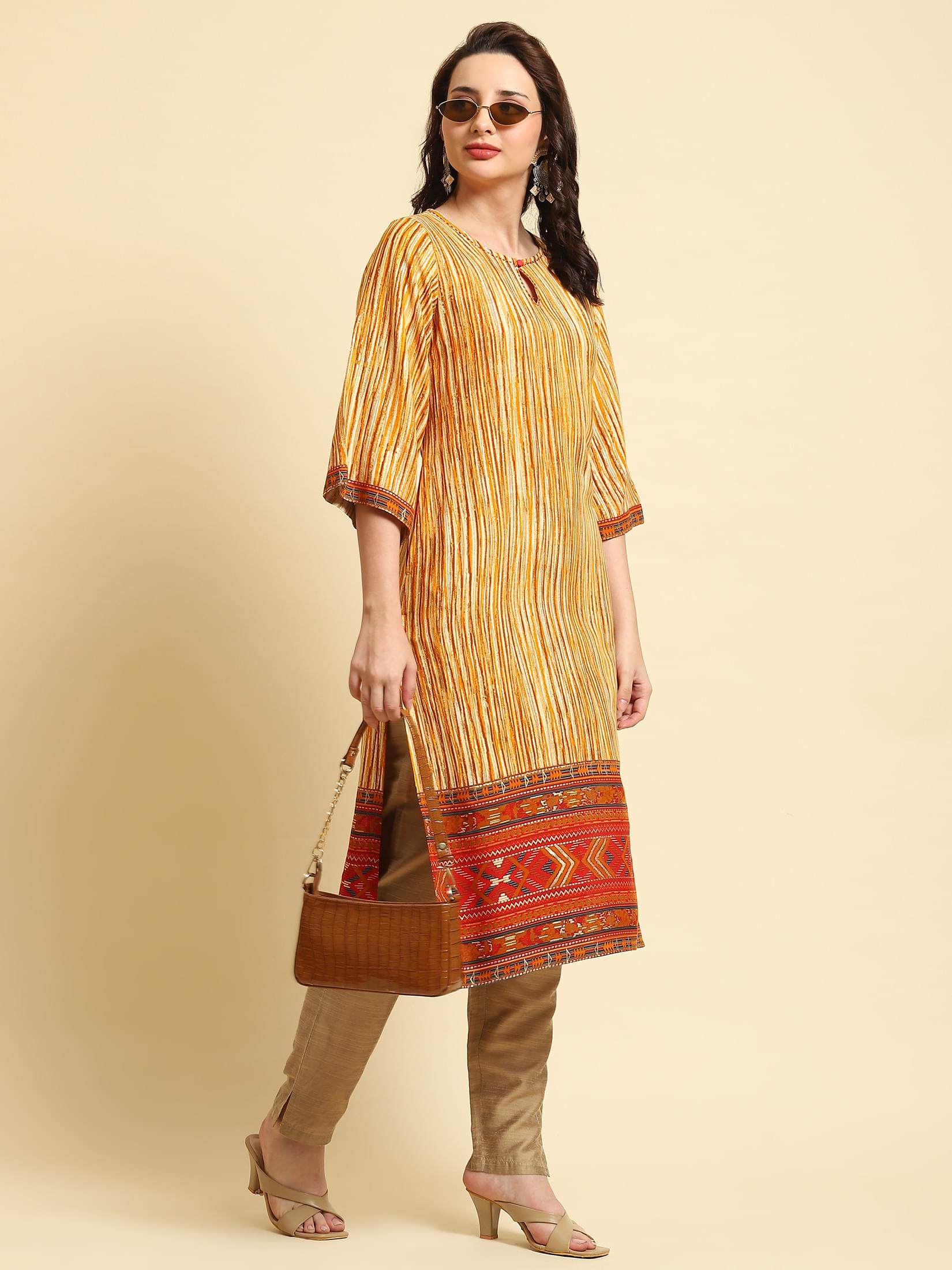 Women Yellow Stripe Printed Kurta.