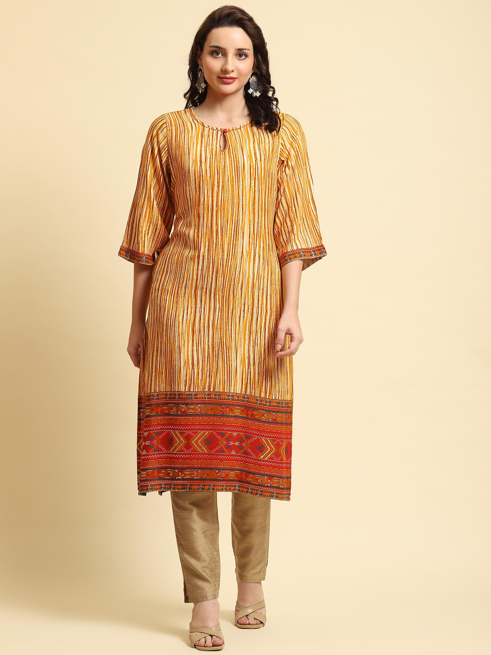 Women Yellow Stripe Printed Kurta.