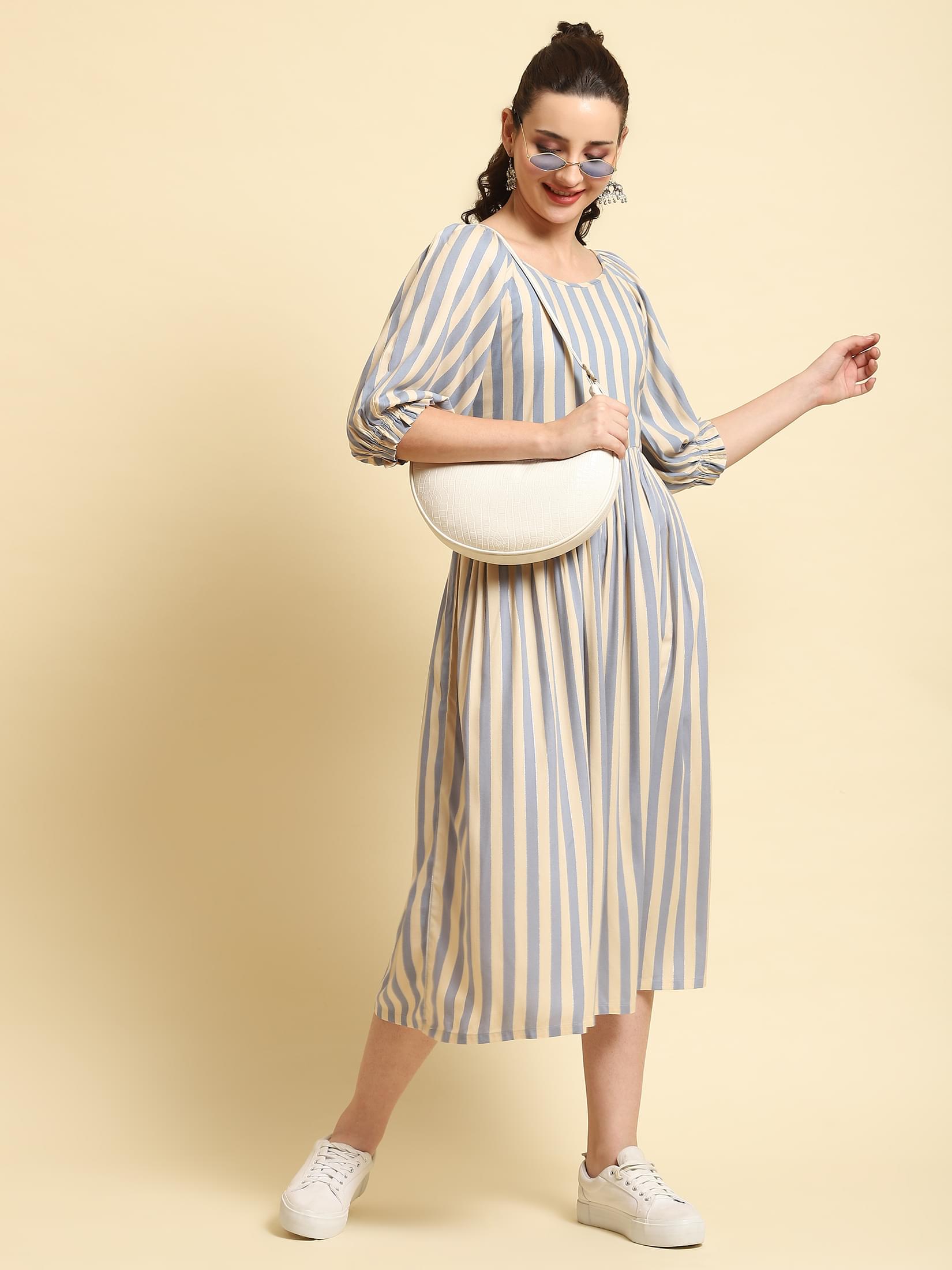 Women Blue Stripe Printed Dress.