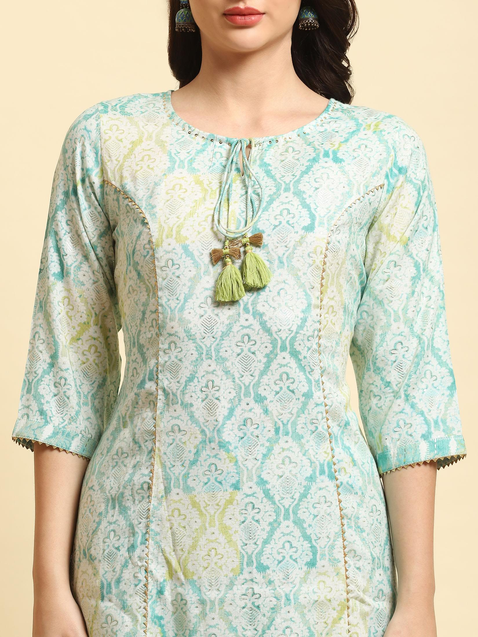 Women Turquoise Blue Ornamental Printed Kurta Trouser Dupatta.