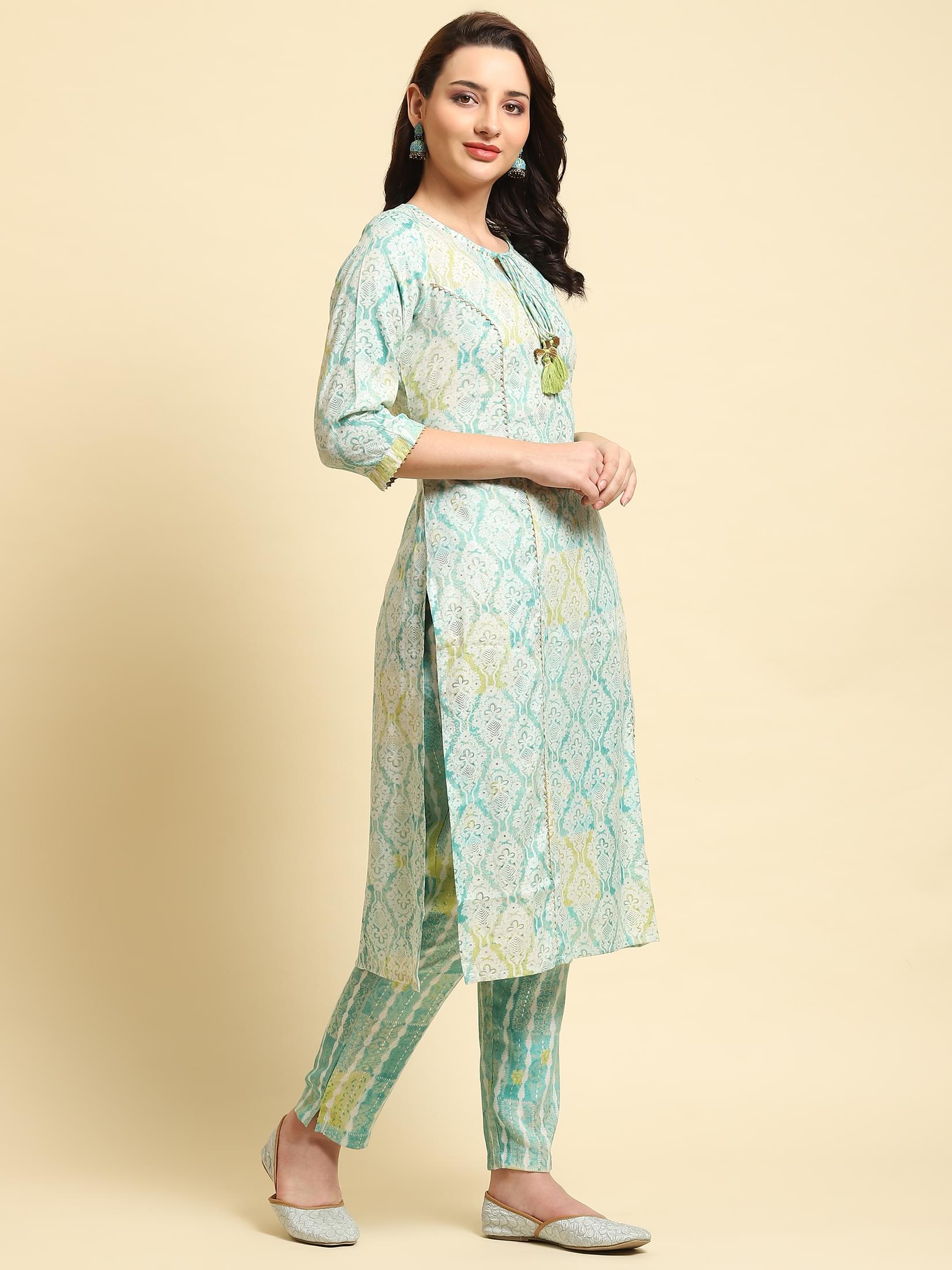 Women Turquoise Blue Ornamental Printed Kurta Trouser Dupatta.