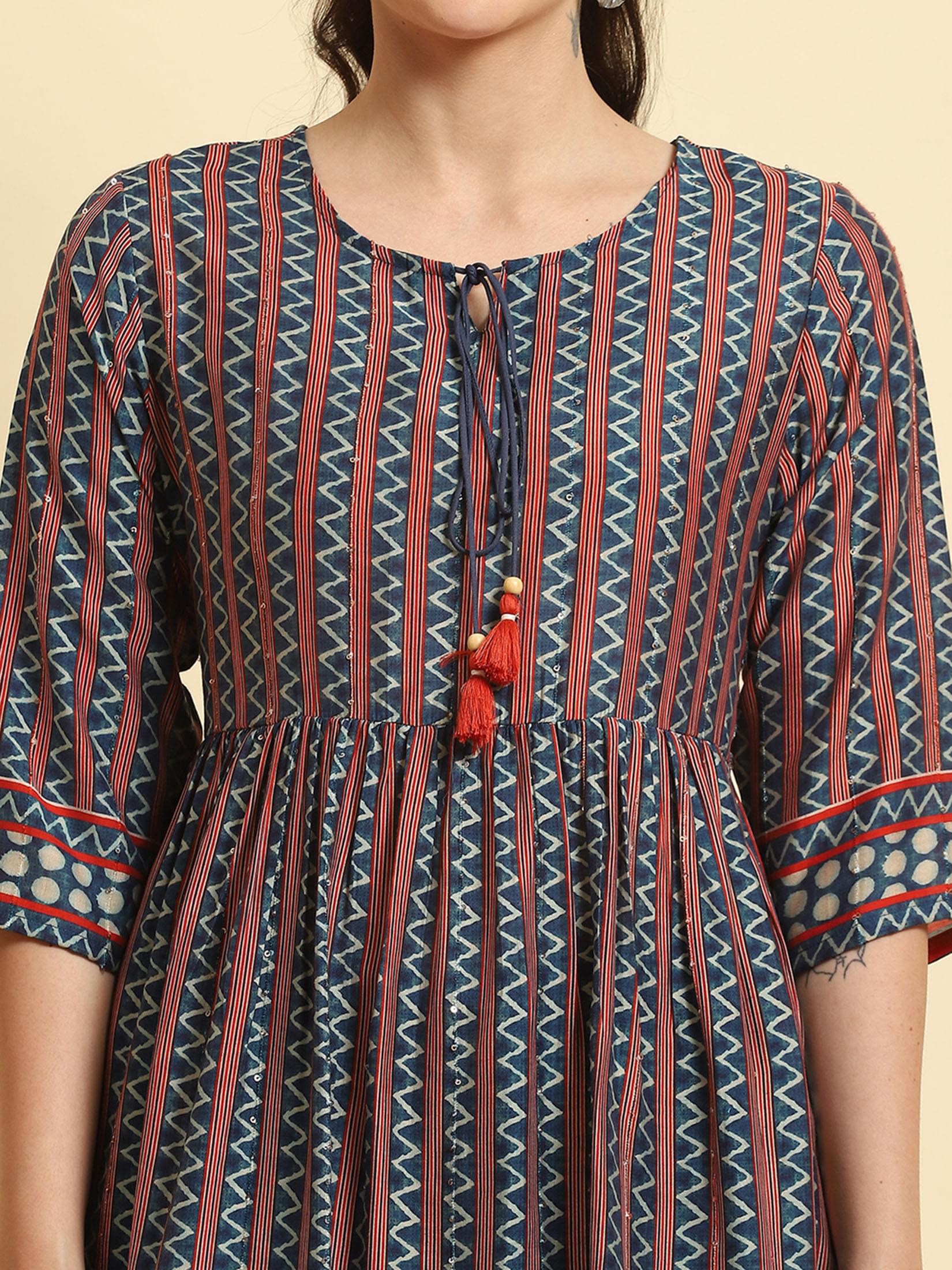 Women Navy Blue Stripe Printed Tunic.