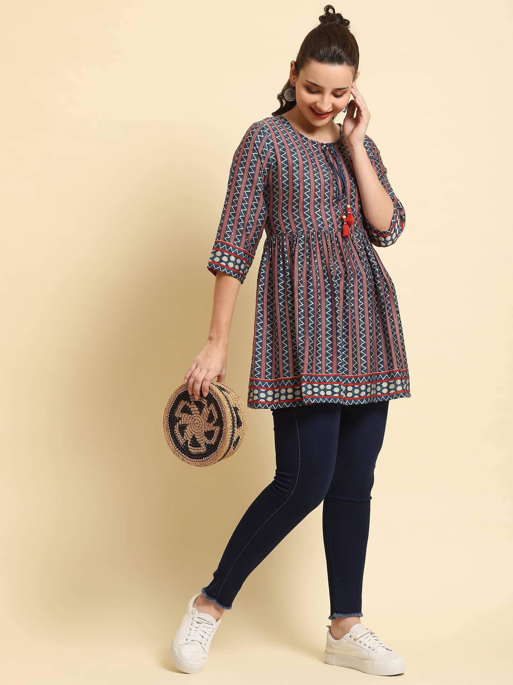 Women Navy Blue Stripe Printed Tunic.