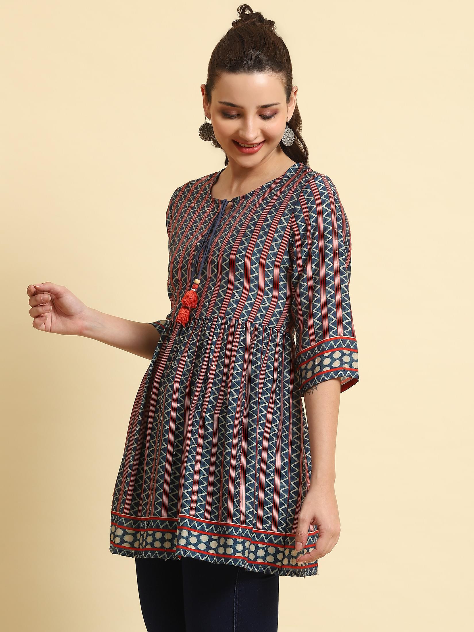 Women Navy Blue Stripe Printed Tunic.