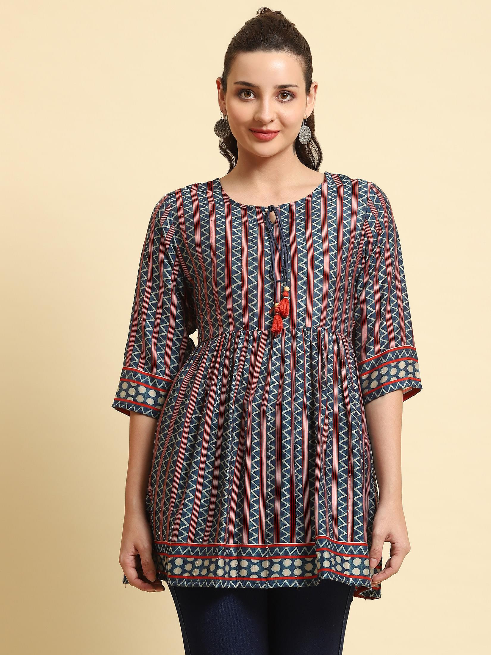 Women Navy Blue Stripe Printed Tunic.
