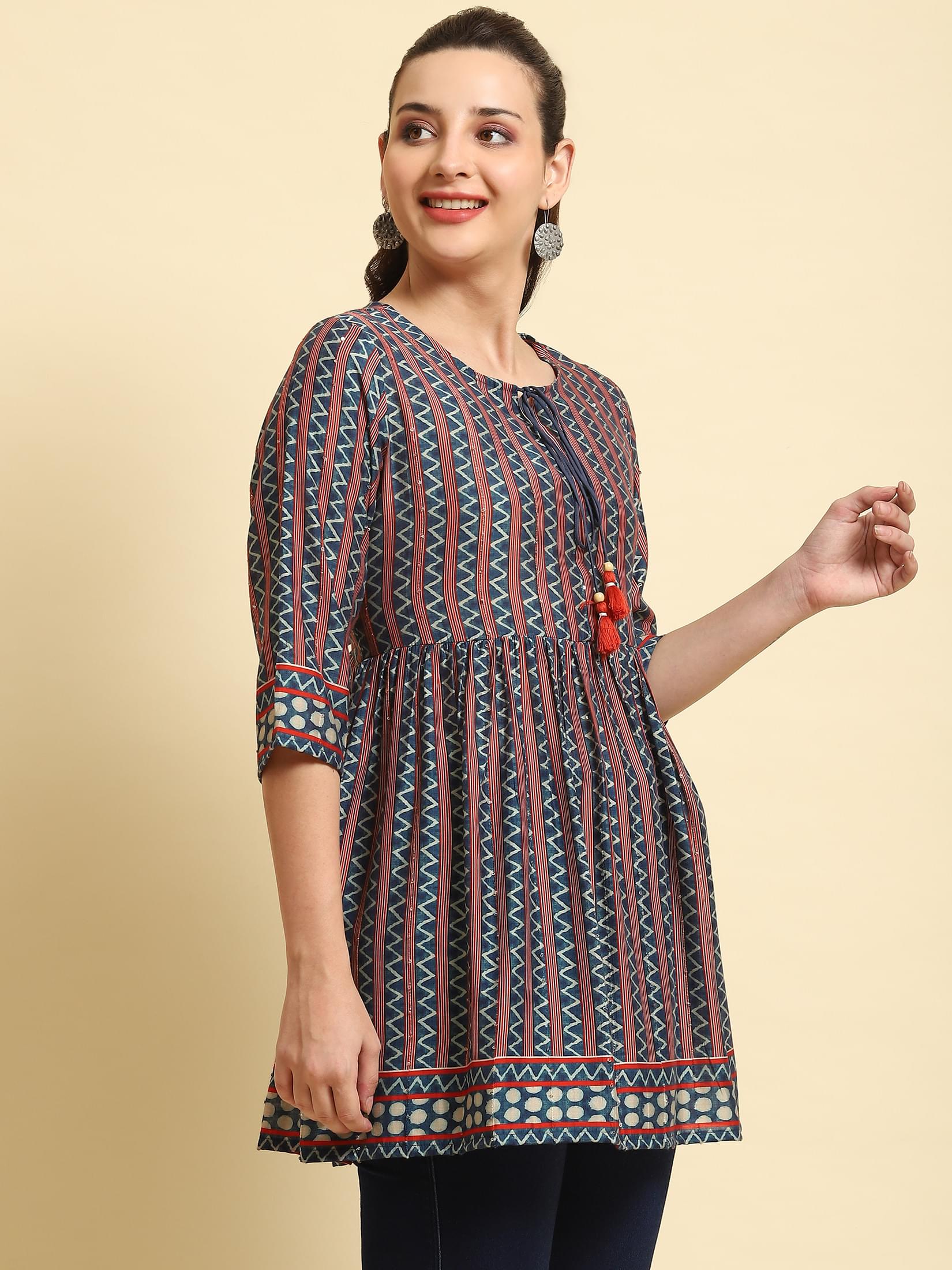 Women Navy Blue Stripe Printed Tunic.