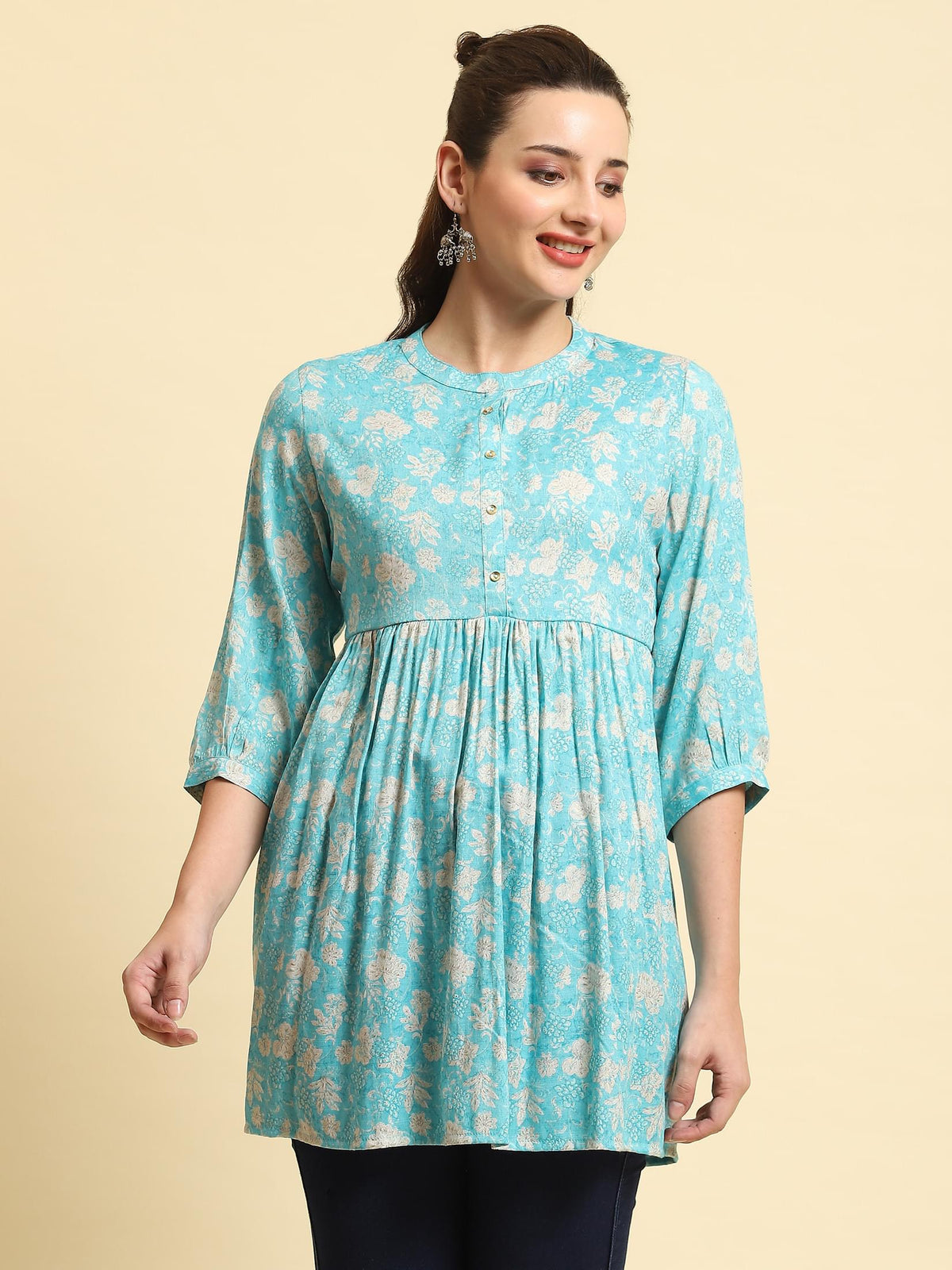 Women Sky Blue Floral Printed Tunic.