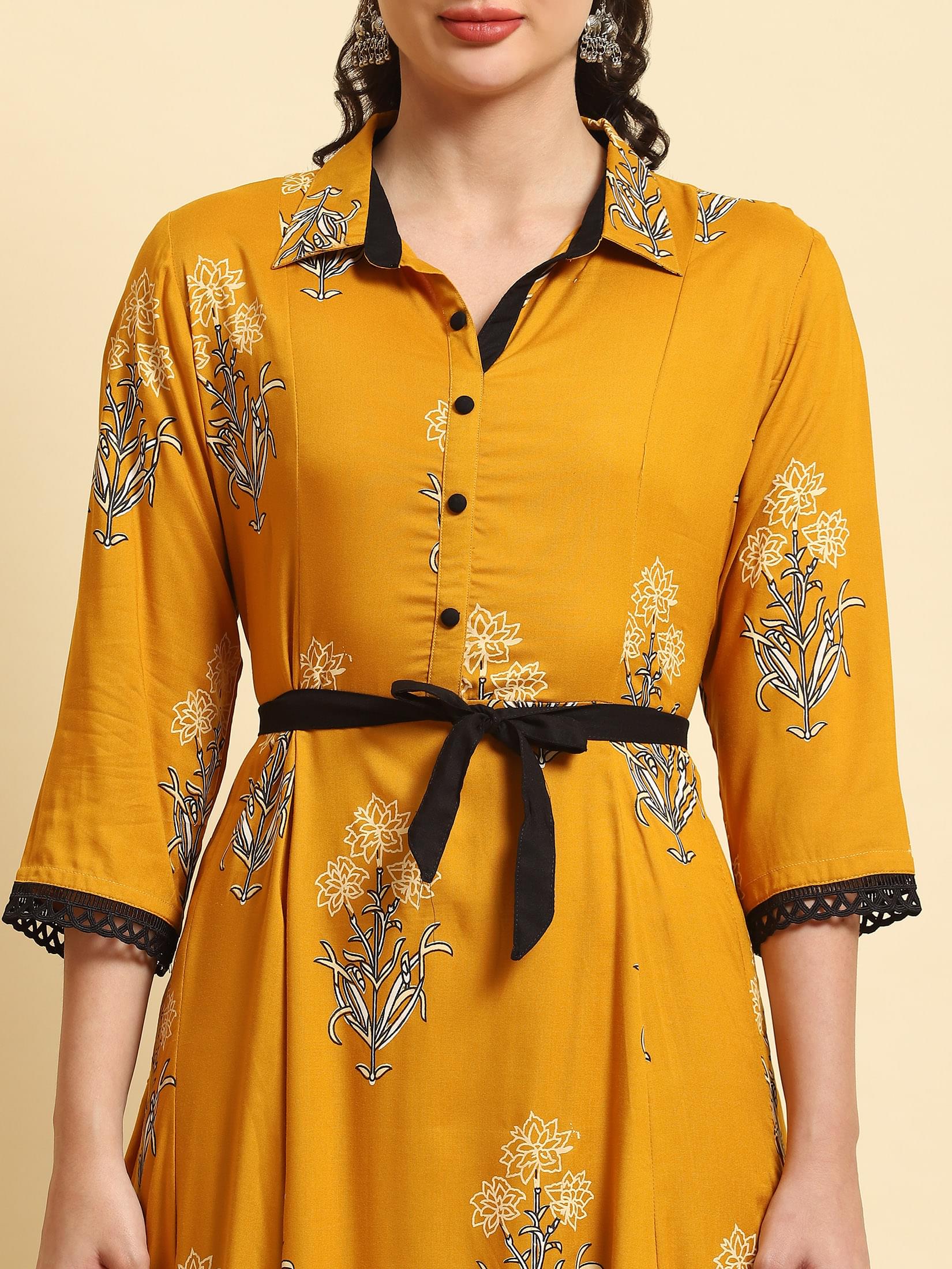 Women Mustard Printed Dress.