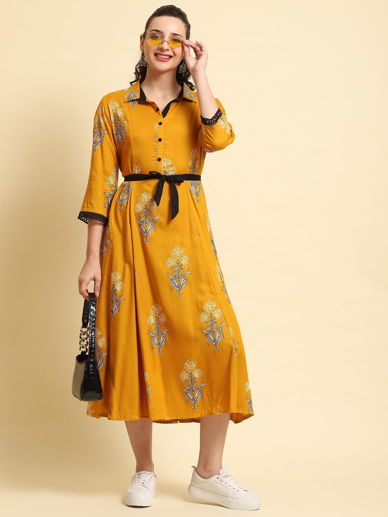 Women Mustard Printed Dress.