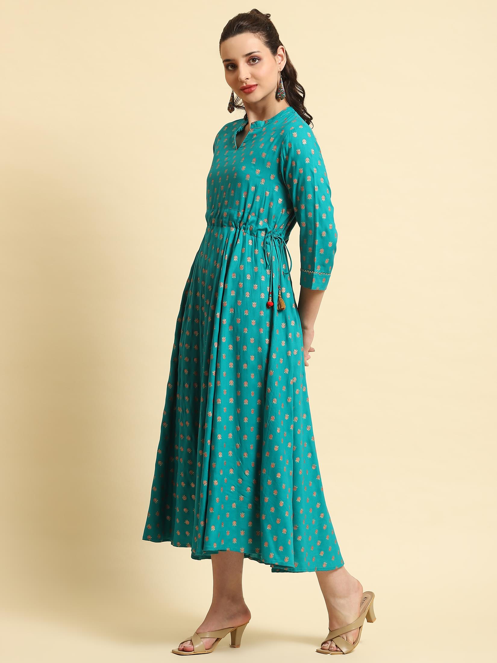 Women Turquoise Blue Floral Printed Dress.