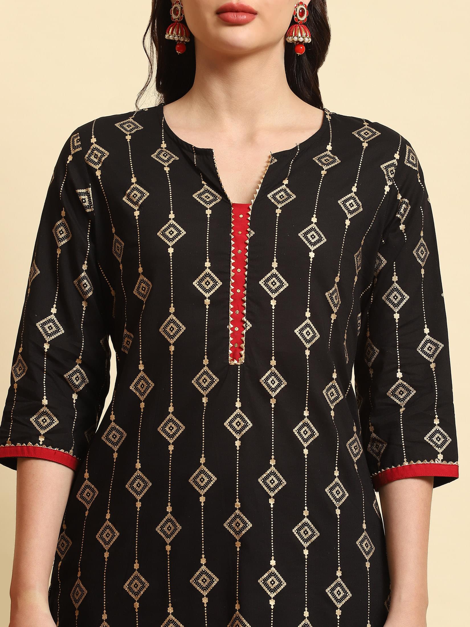 Women Black Ornamental Print Kurta.