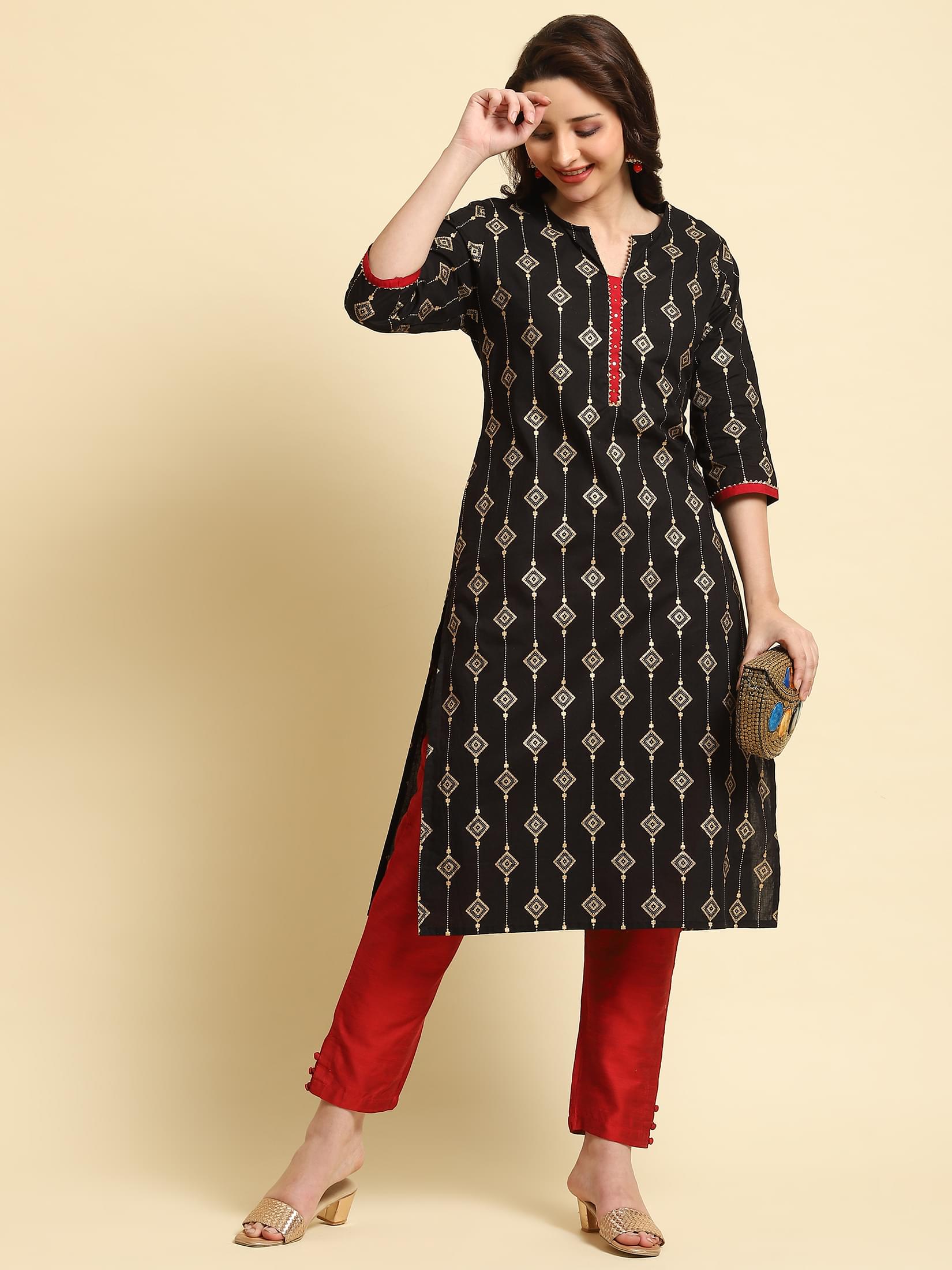 Women Black Ornamental Print Kurta.