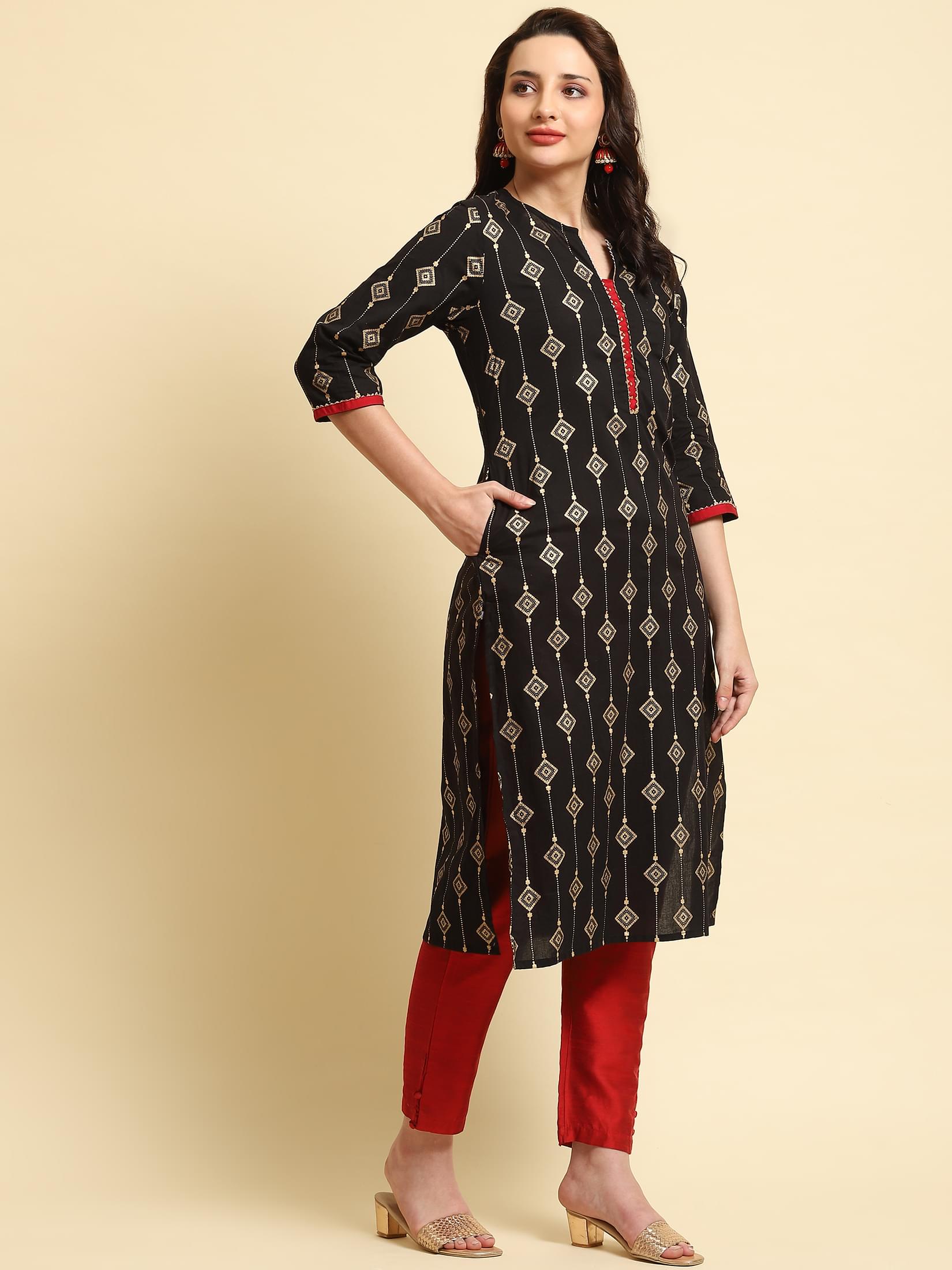 Women Black Ornamental Print Kurta.