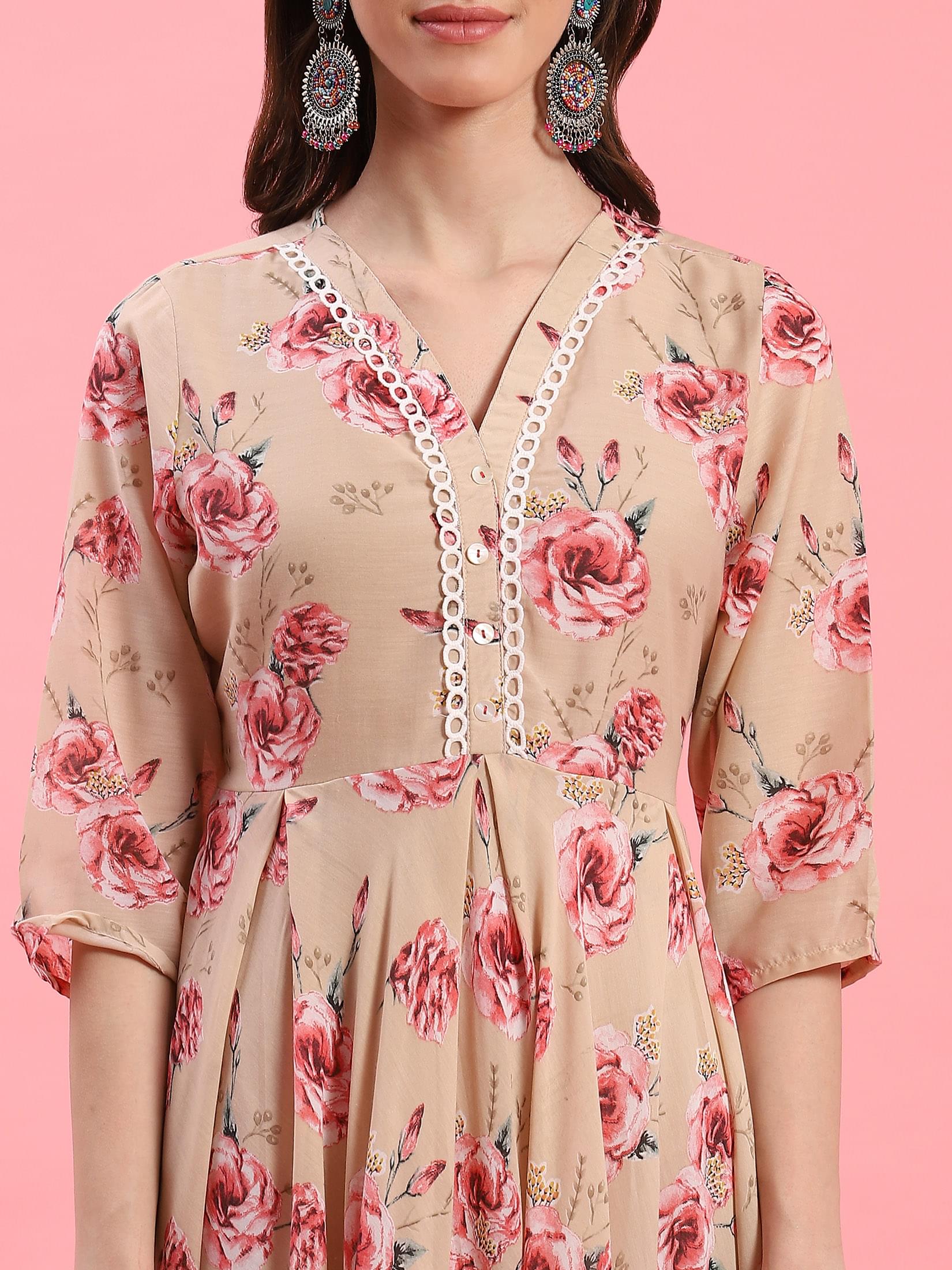 Women Beige Floral Printed Dress.