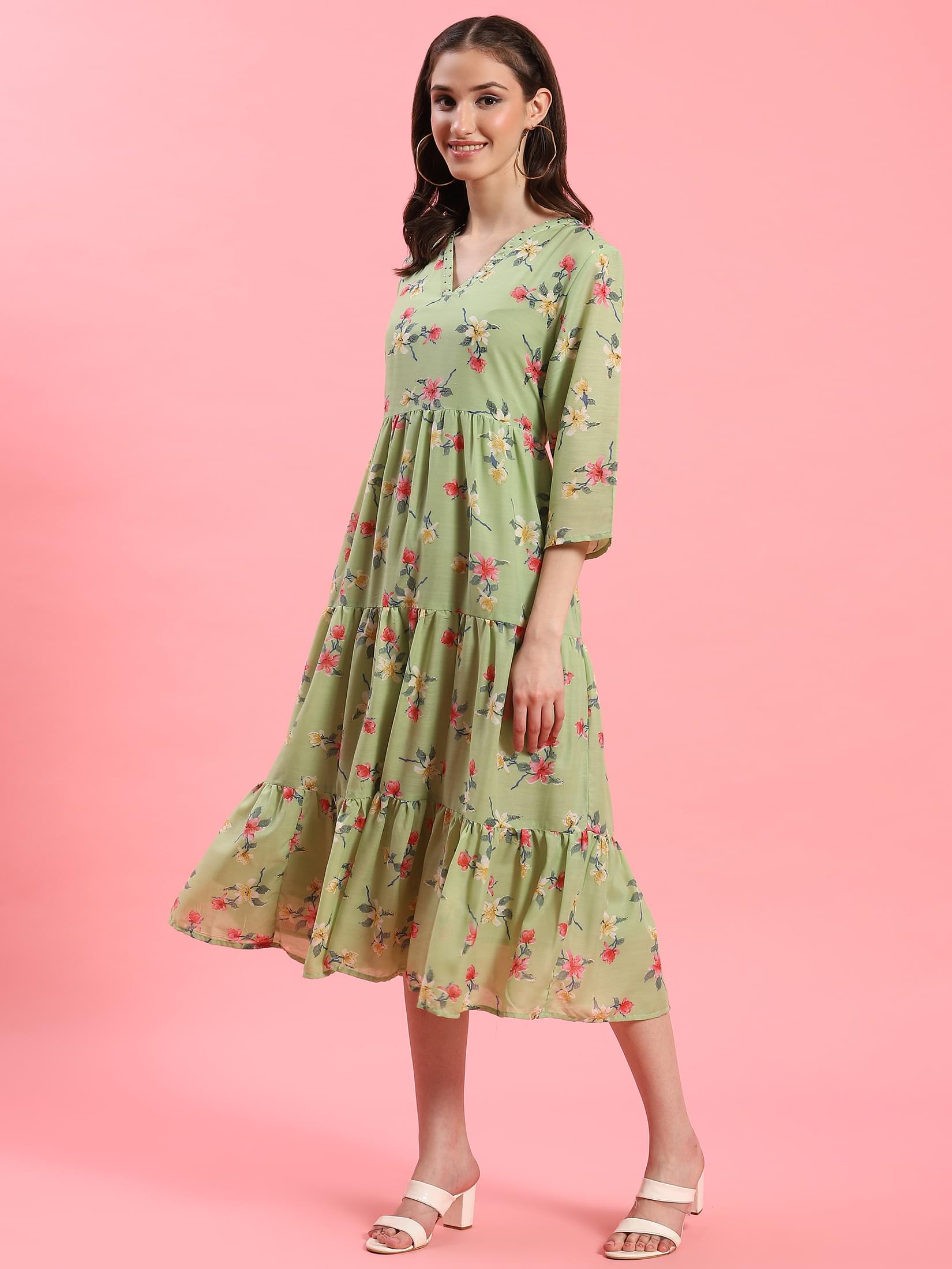 Women Green V-Neck Printed Dress.