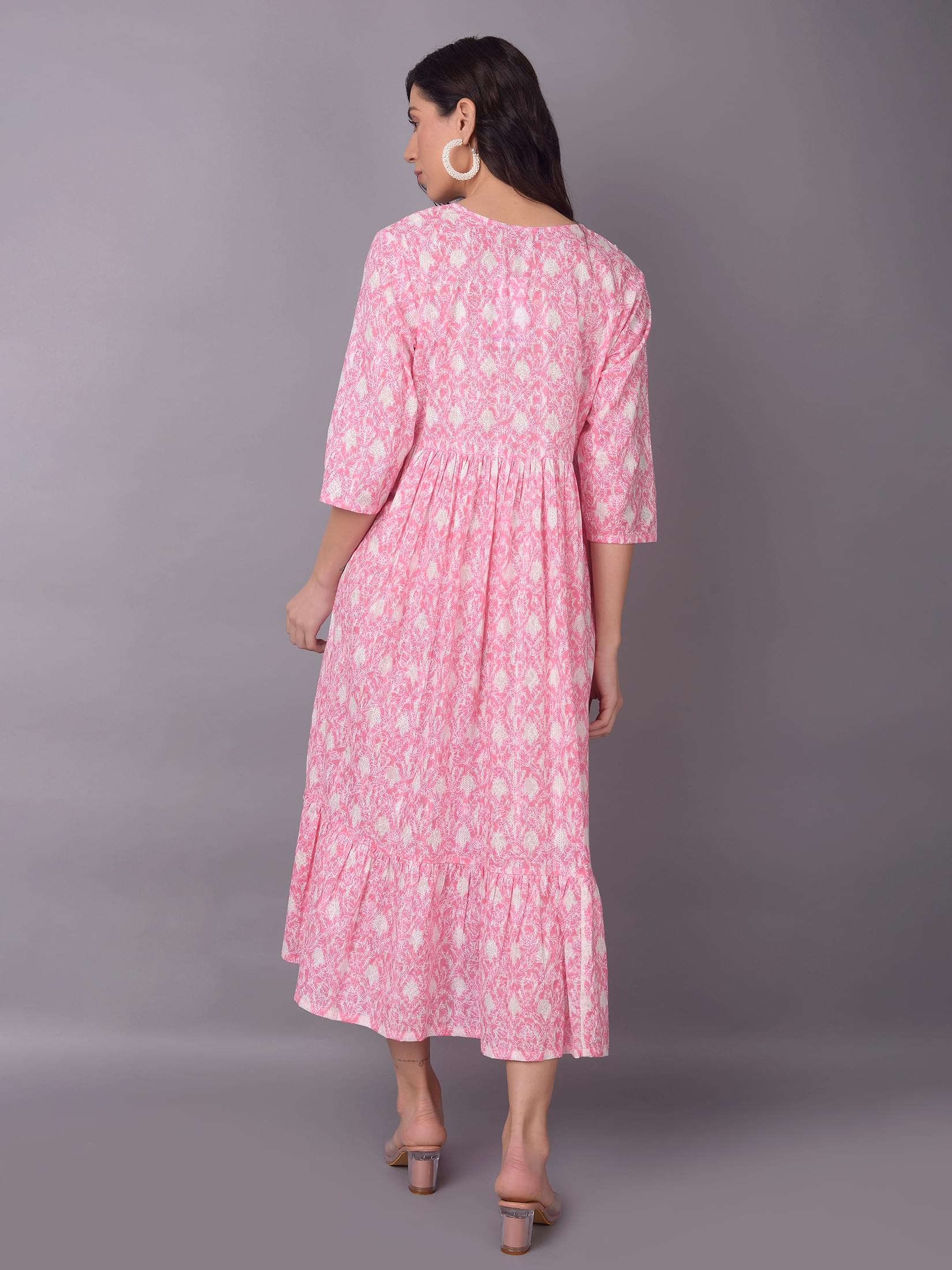 Women Pink V-Neck Printed Dress.