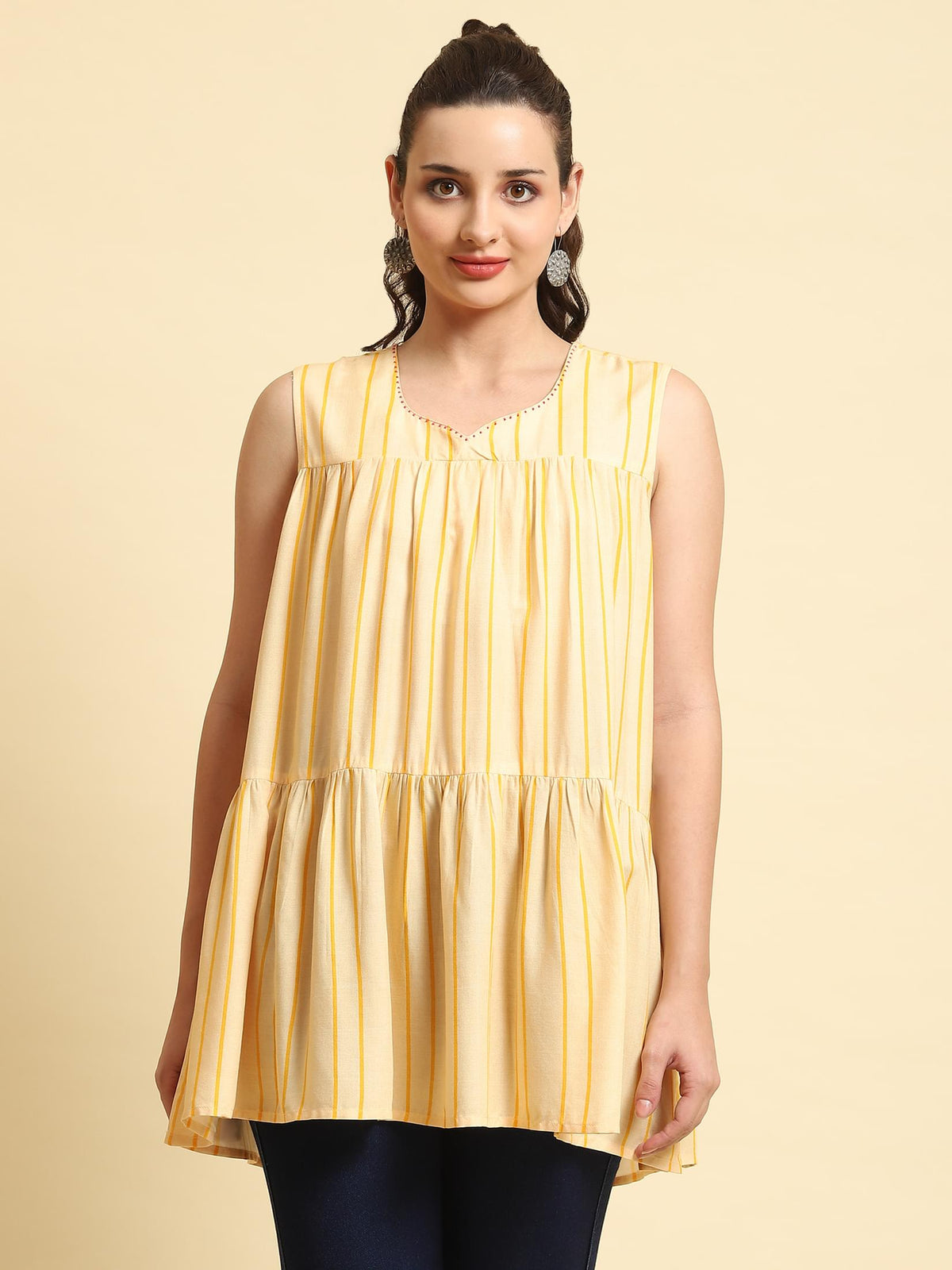 Women Yellow Stripe Printed Tunic.