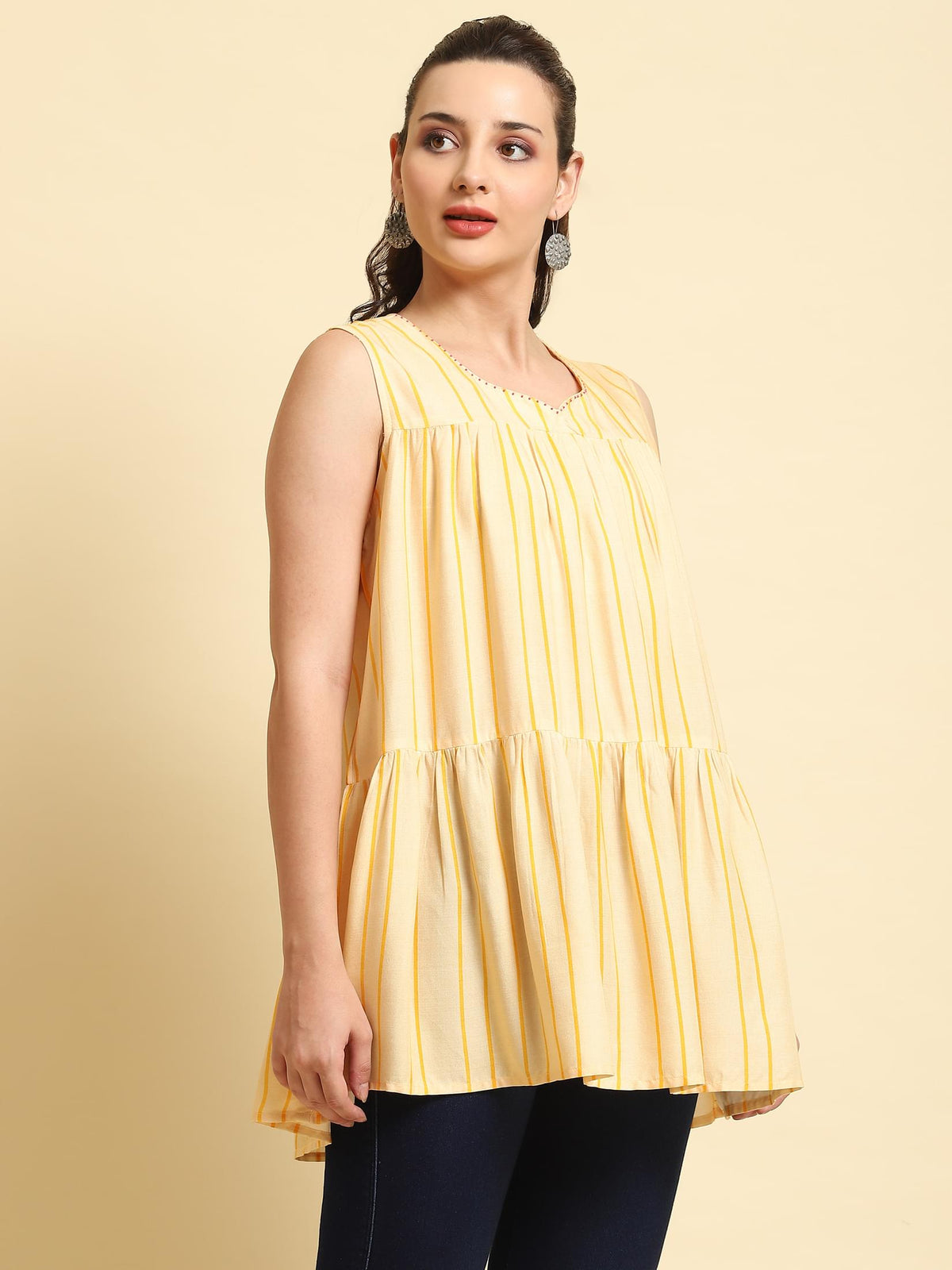 Women Yellow Stripe Printed Tunic.