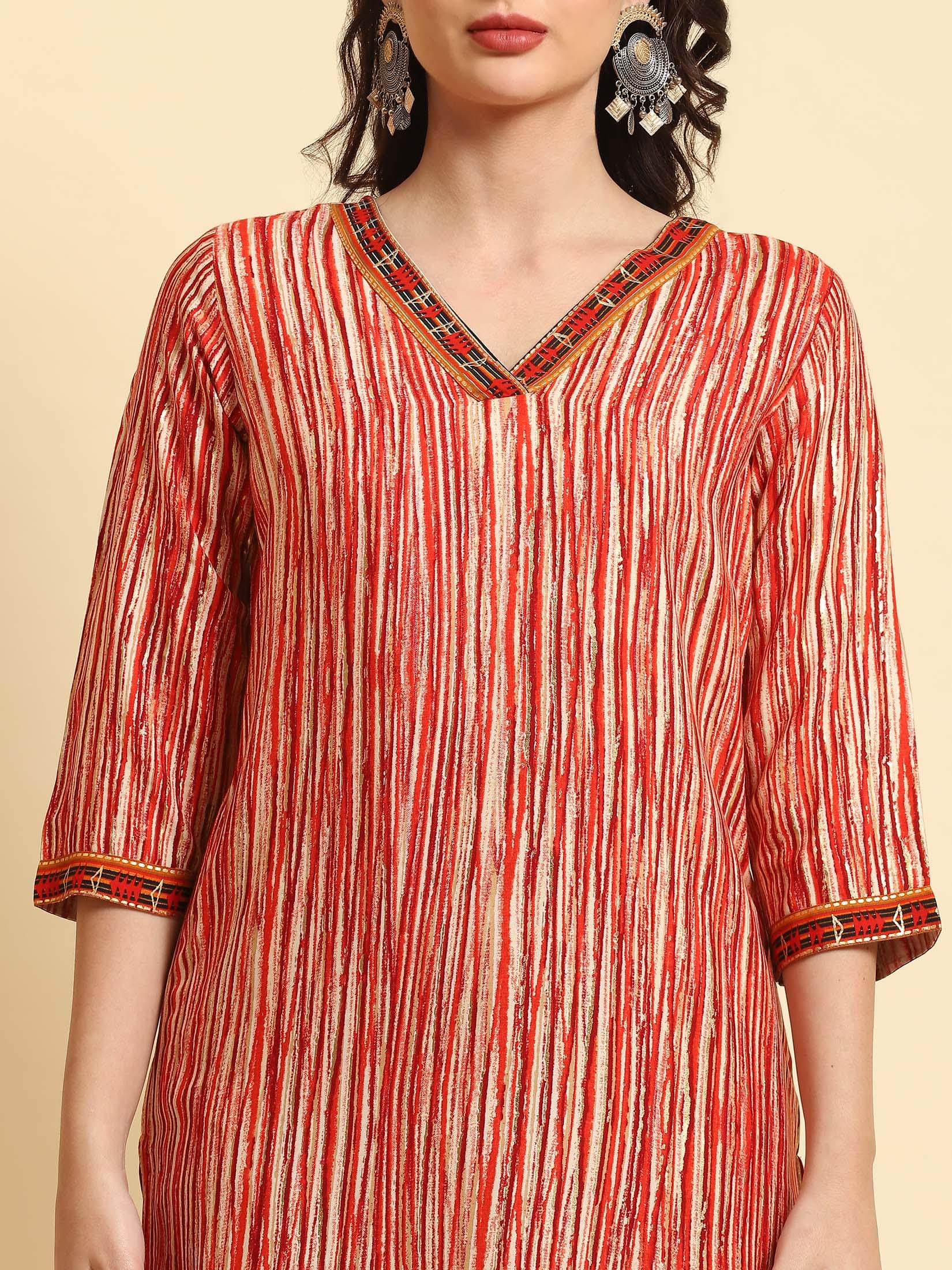 Women Red Stripe Printed Kurta.
