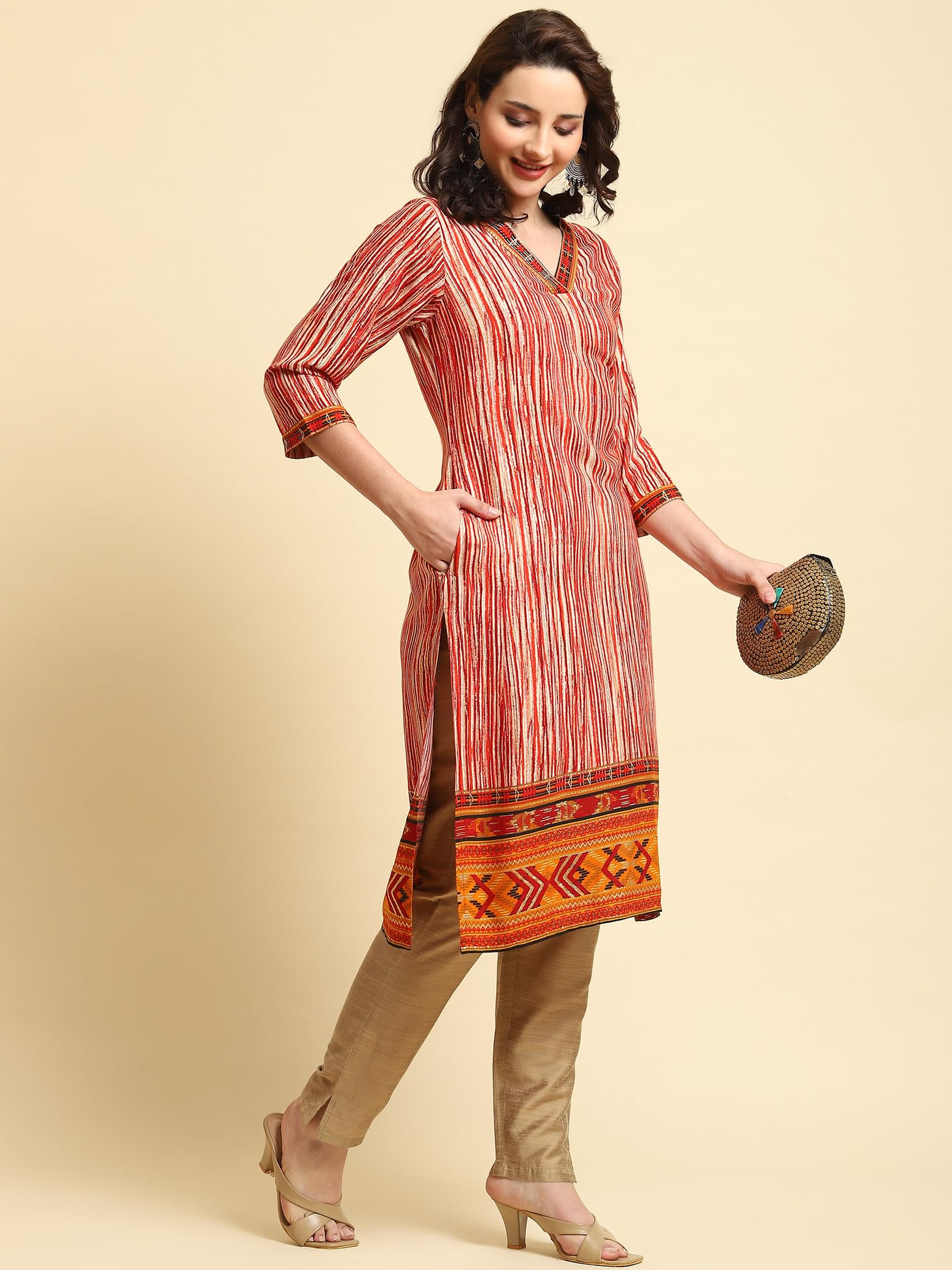 Women Red Stripe Printed Kurta.