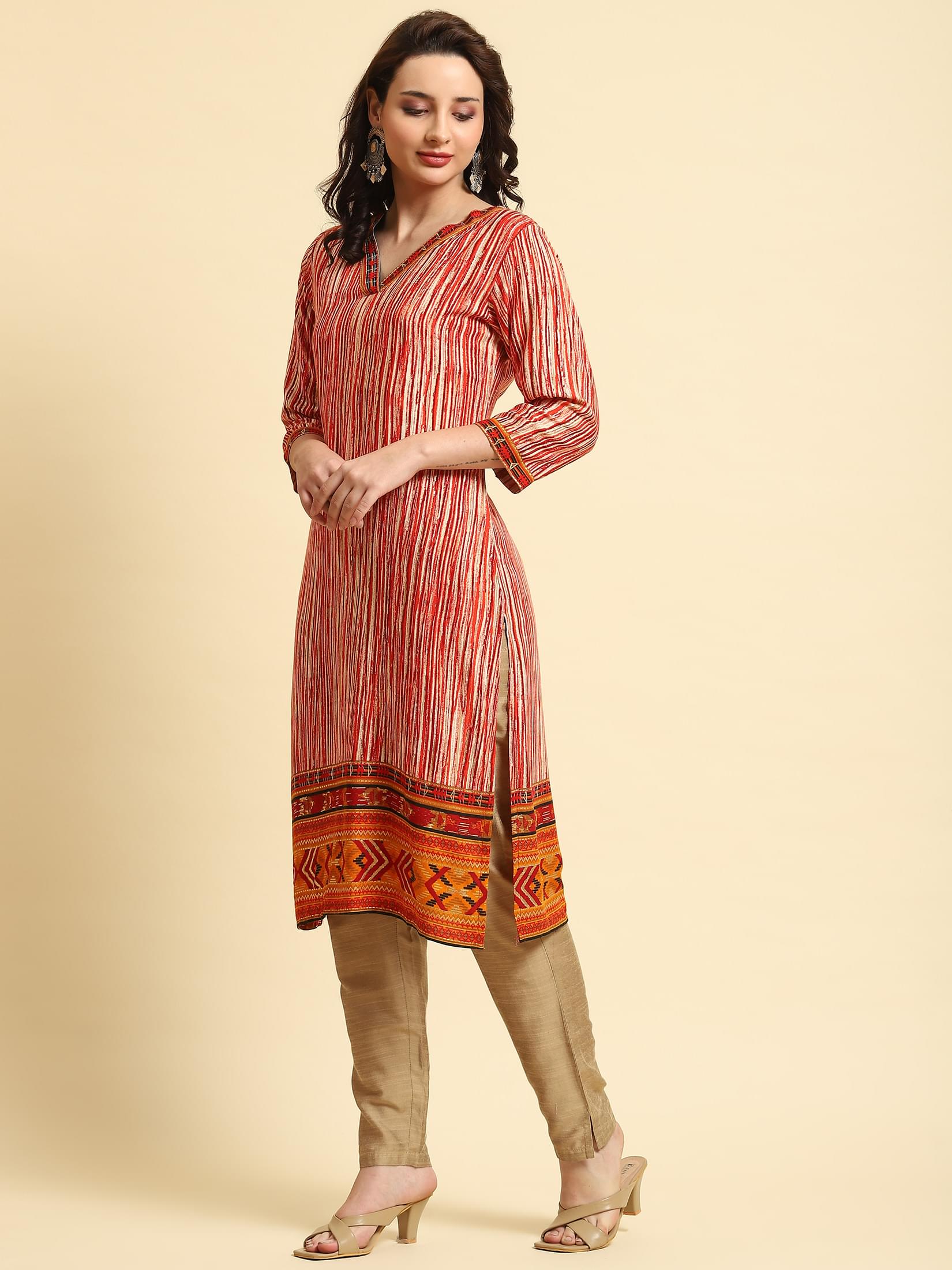 Women Red Stripe Printed Kurta.