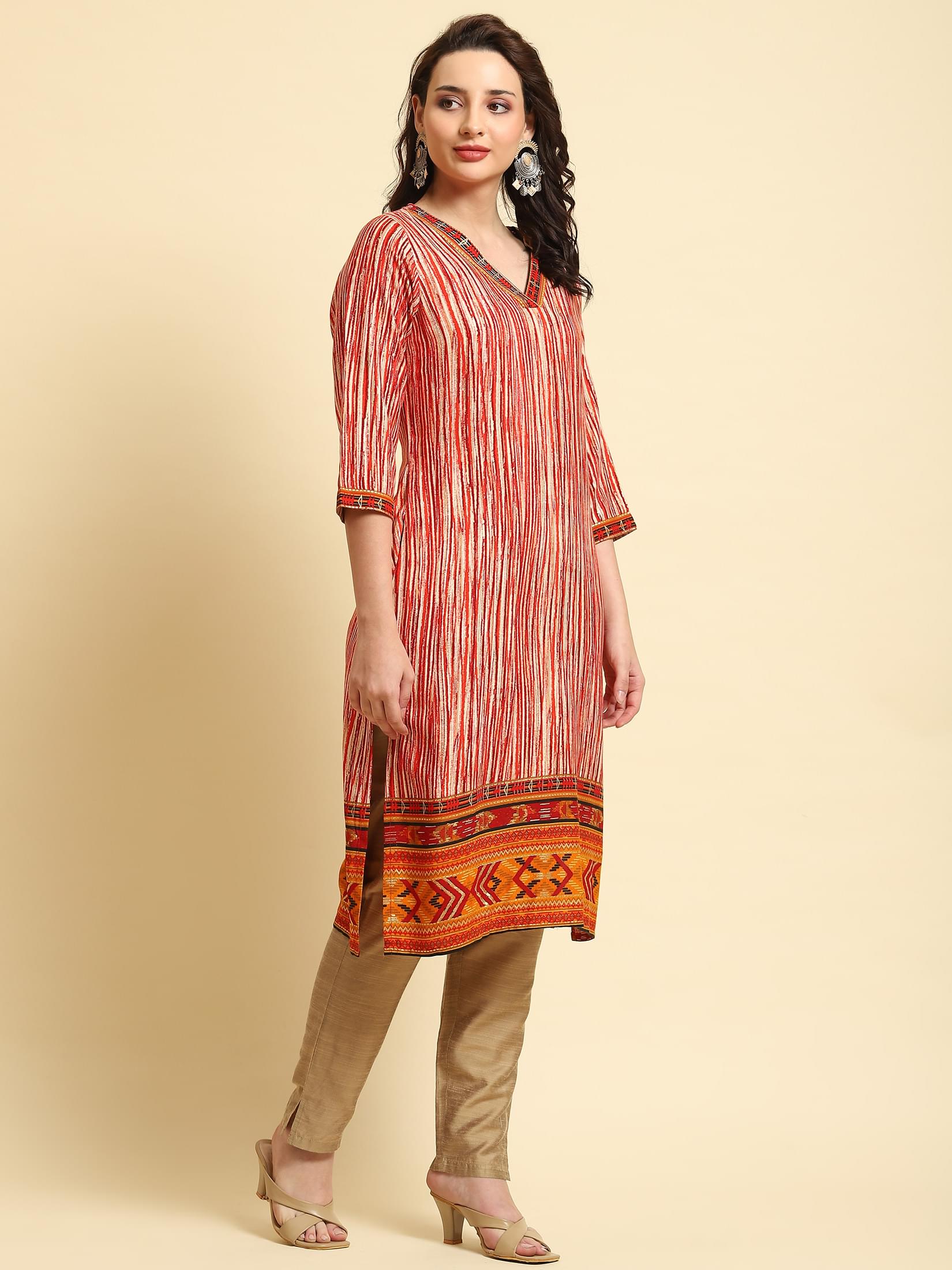 Women Red Stripe Printed Kurta.