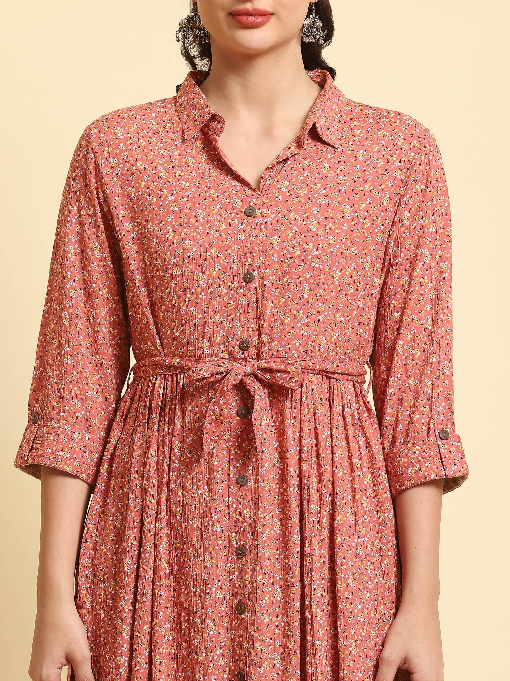 Women Pink Shirt Collar Printed Dress.